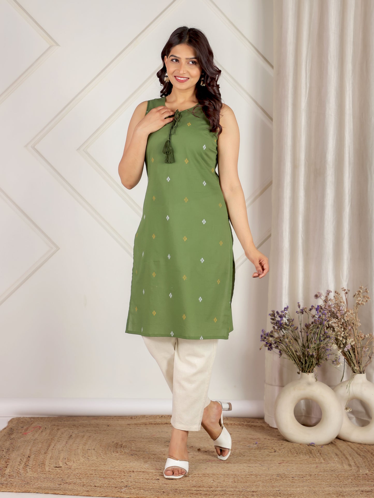 Soft Cotton Geometric Straight Green Kurta