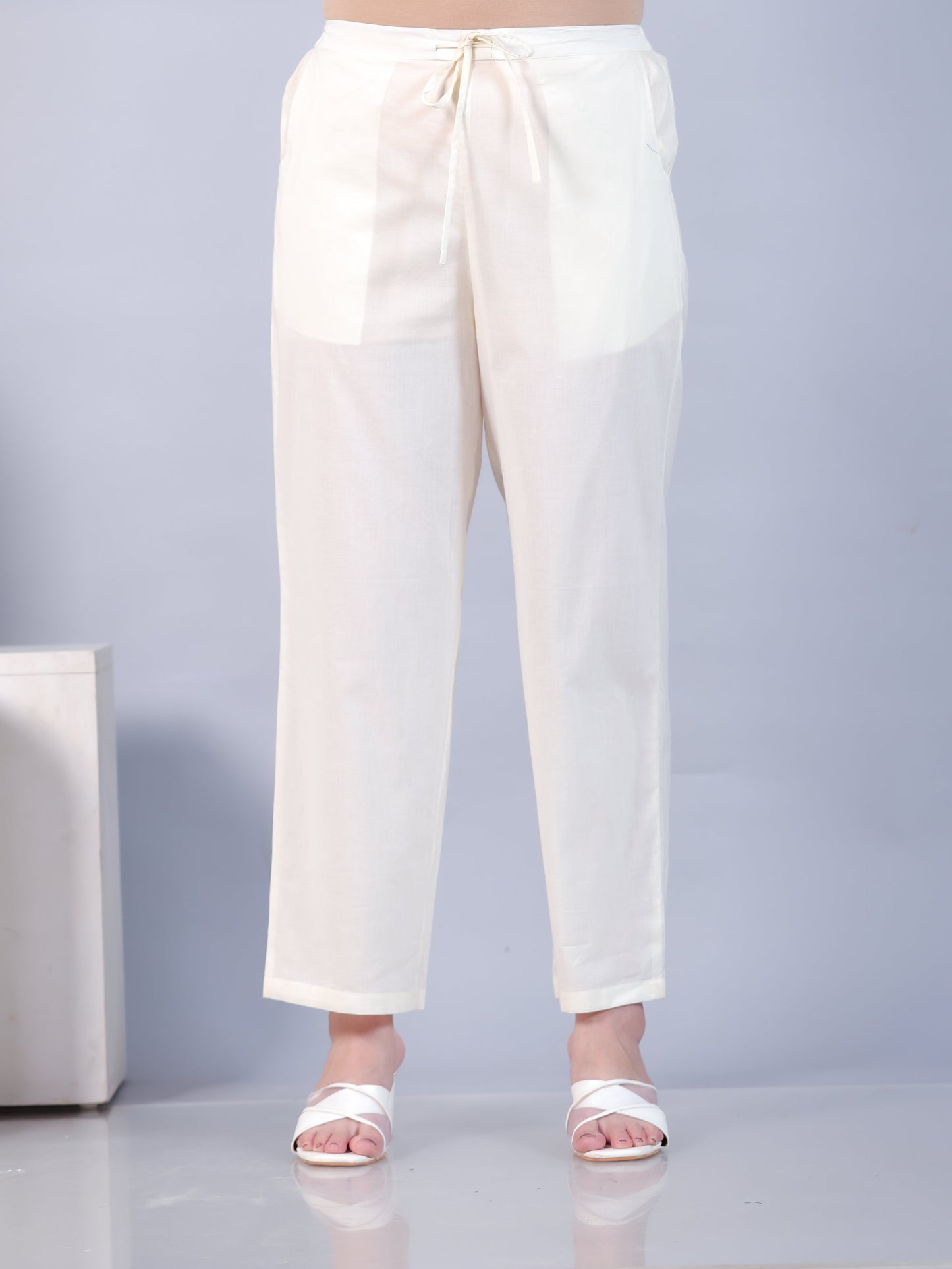 Soft Cotton Solid Off White Straight Straight Trousers