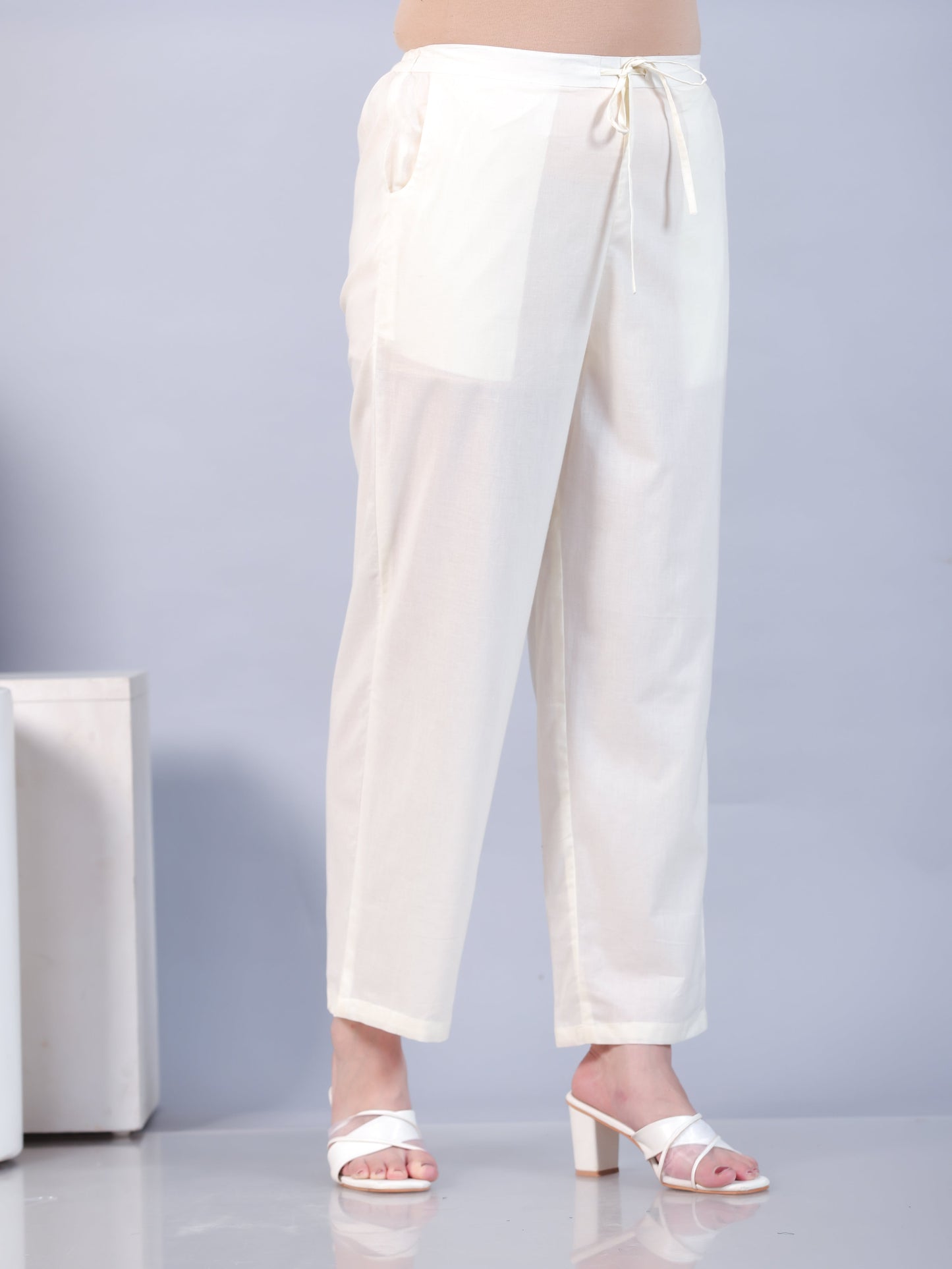 Soft Cotton Solid Off White Straight Straight Trousers
