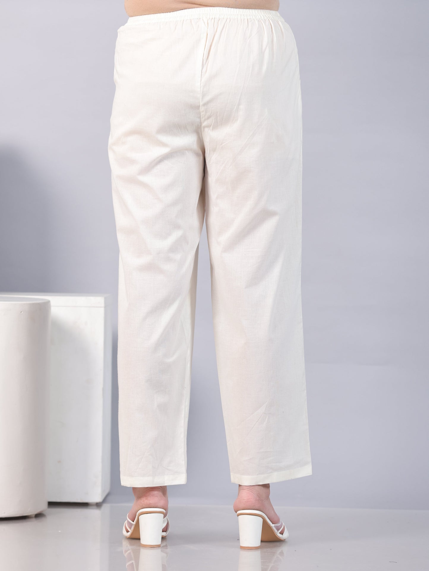 Soft Cotton Solid Off White Straight Straight Trousers