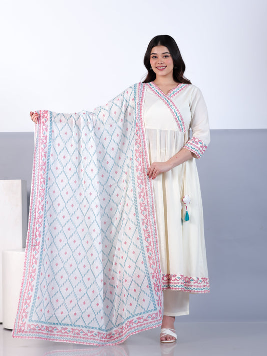 Cotton Voile Geometric Off White Dupatta