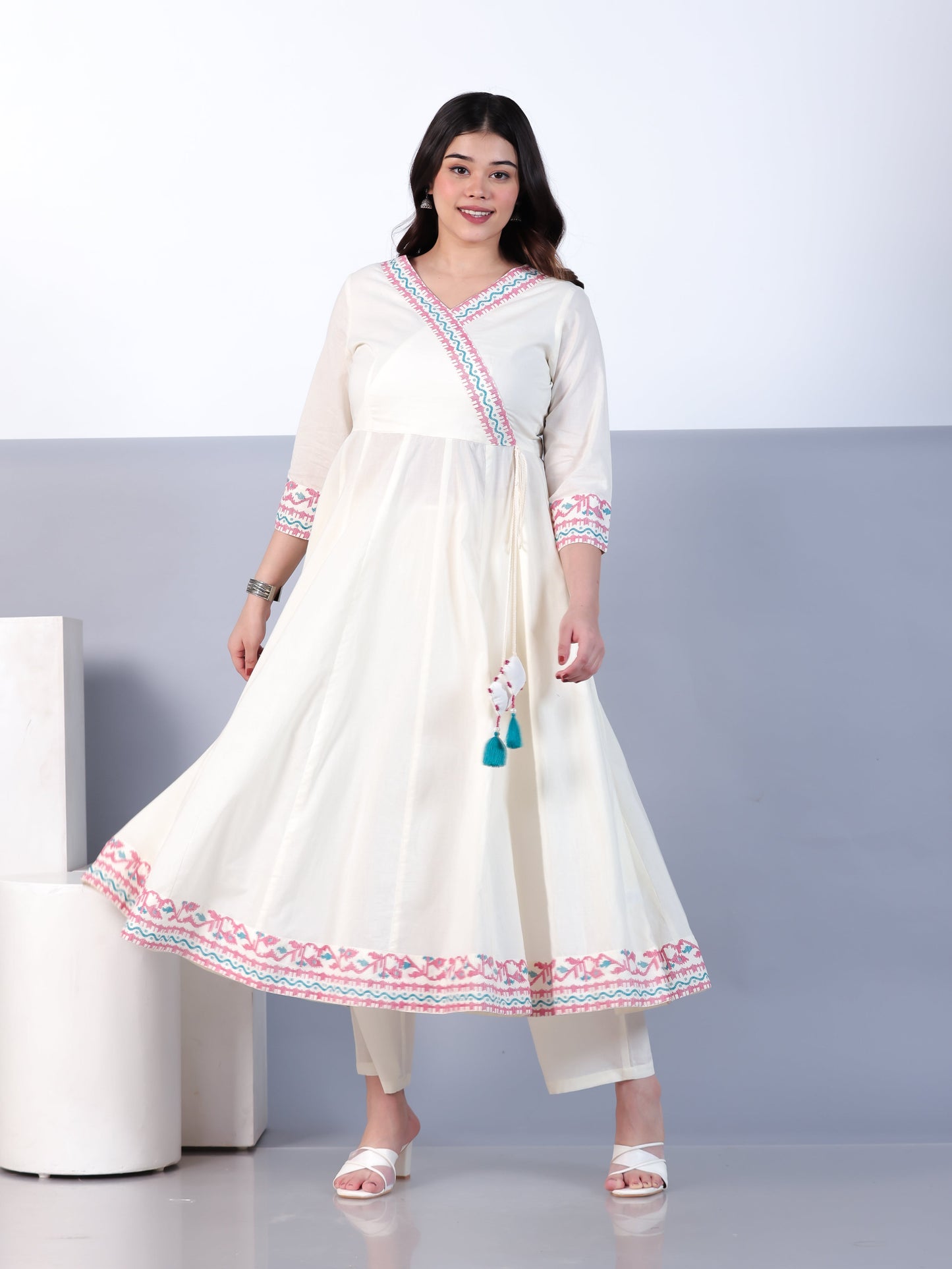 Soft Cotton Solid Angrakha Off White Kurta