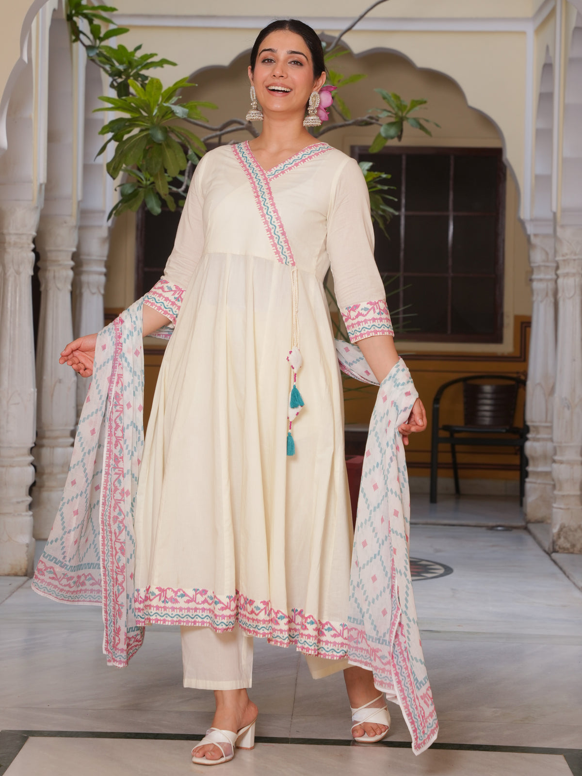 Soft Cotton Solid Angrakha Off White Kurta