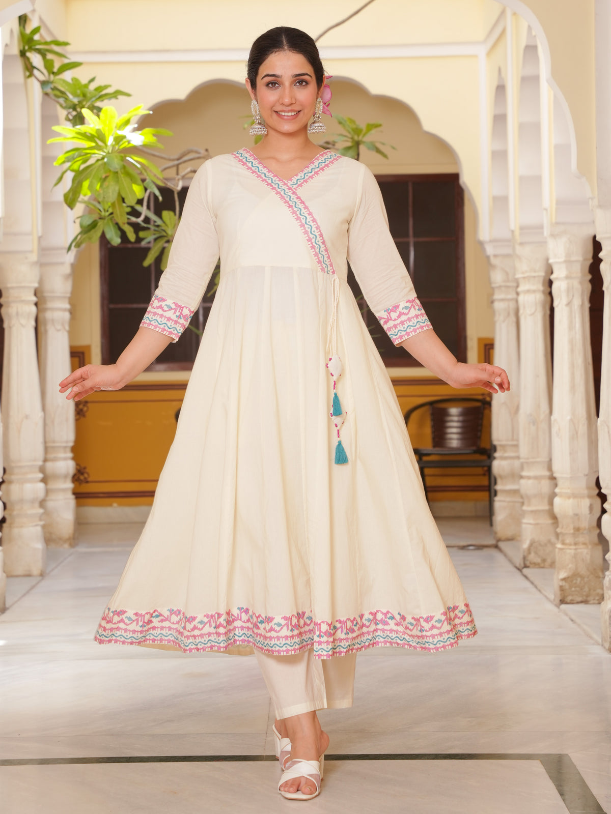 Soft Cotton Solid Angrakha Off White Kurta