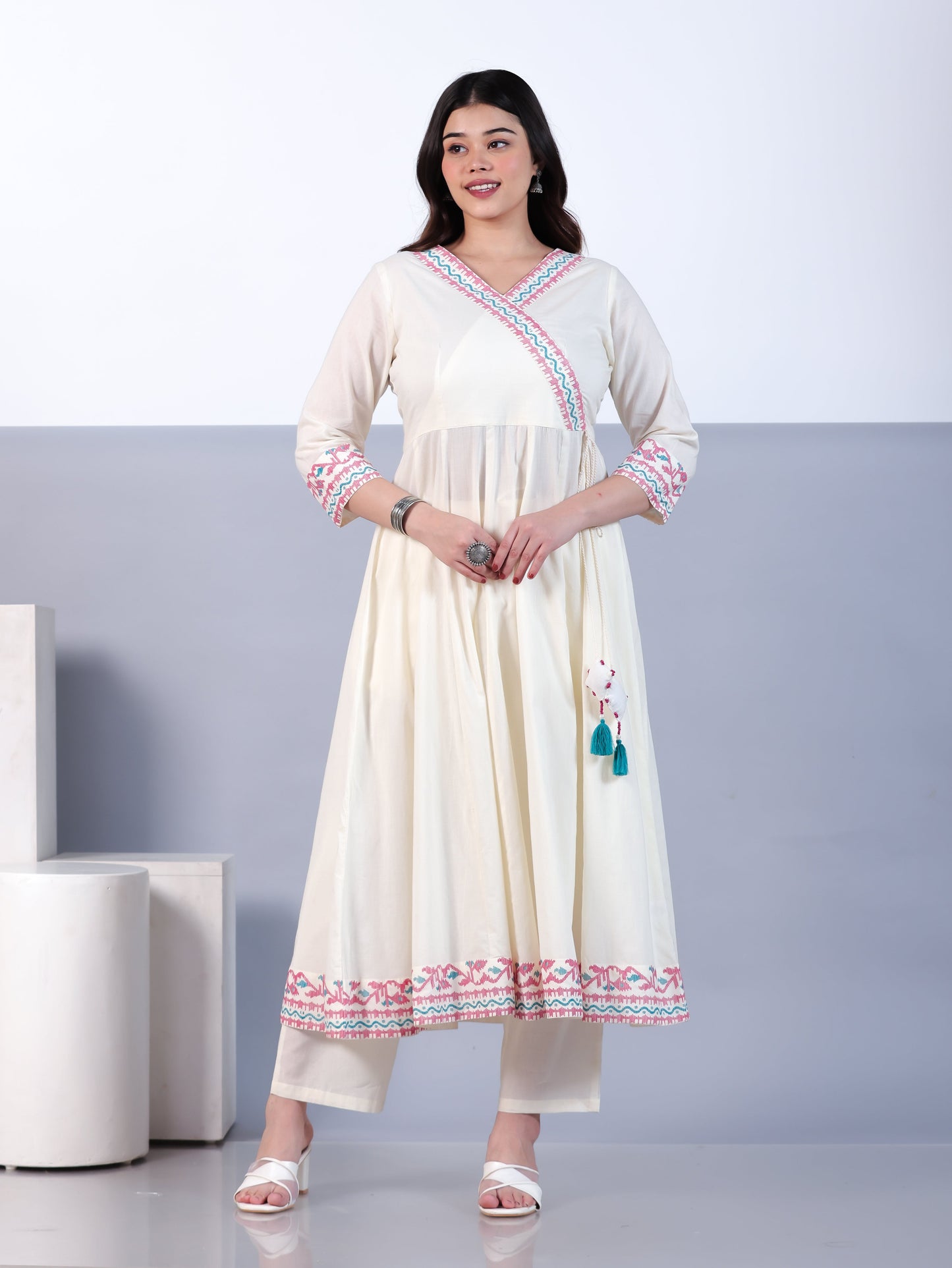 Soft Cotton Solid Angrakha Off White Kurta