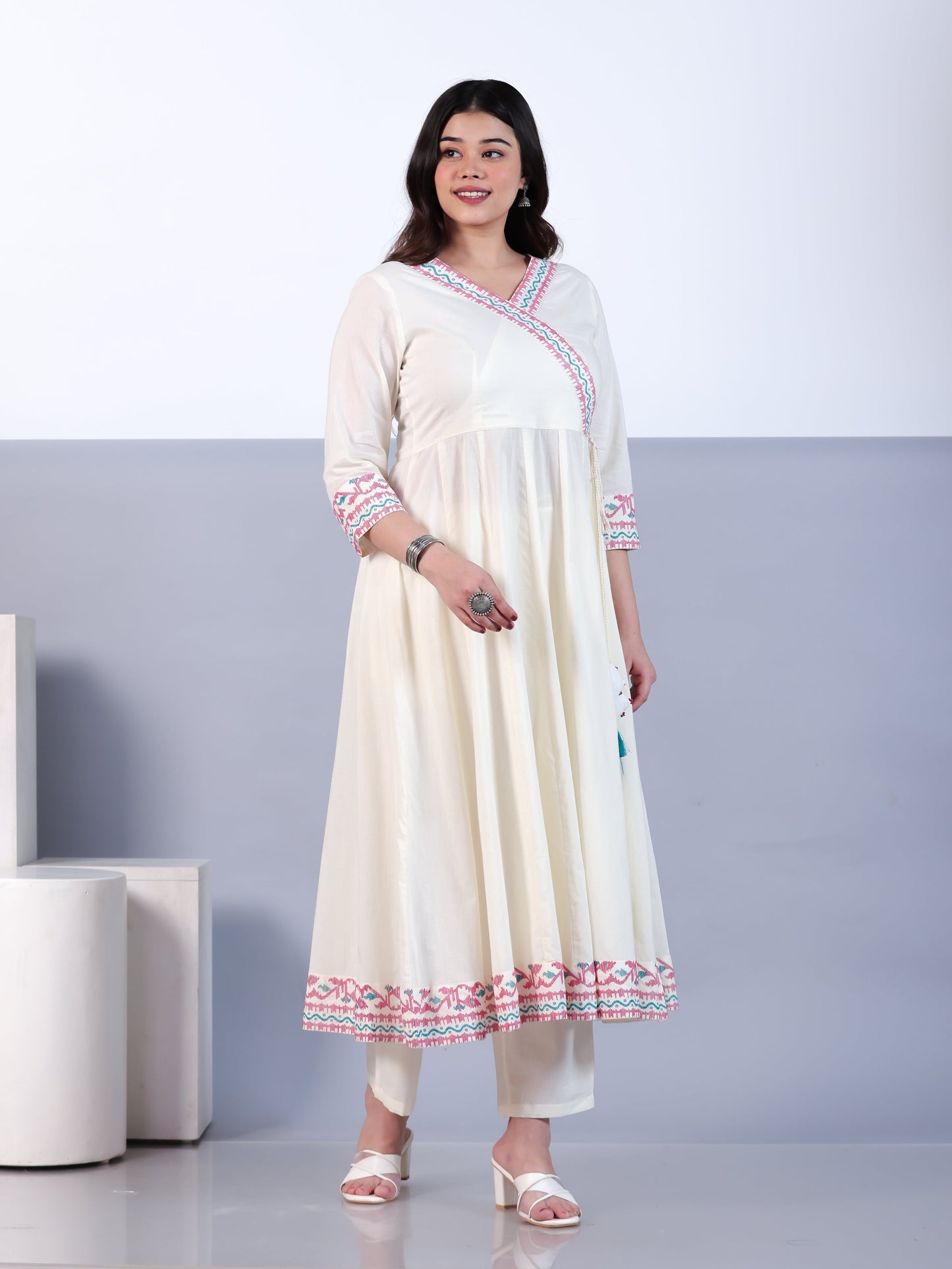 Soft Cotton Solid Angrakha Off White Kurta