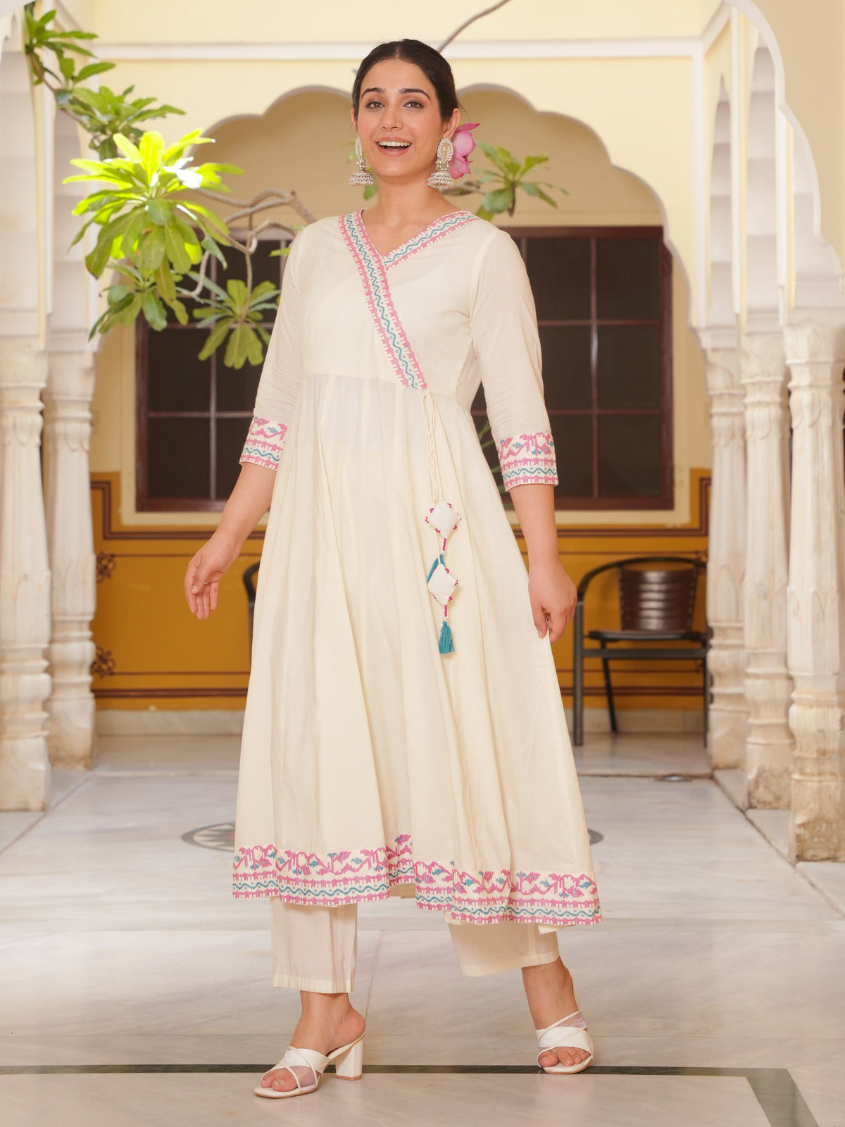 Soft Cotton Solid Angrakha Off White Kurta