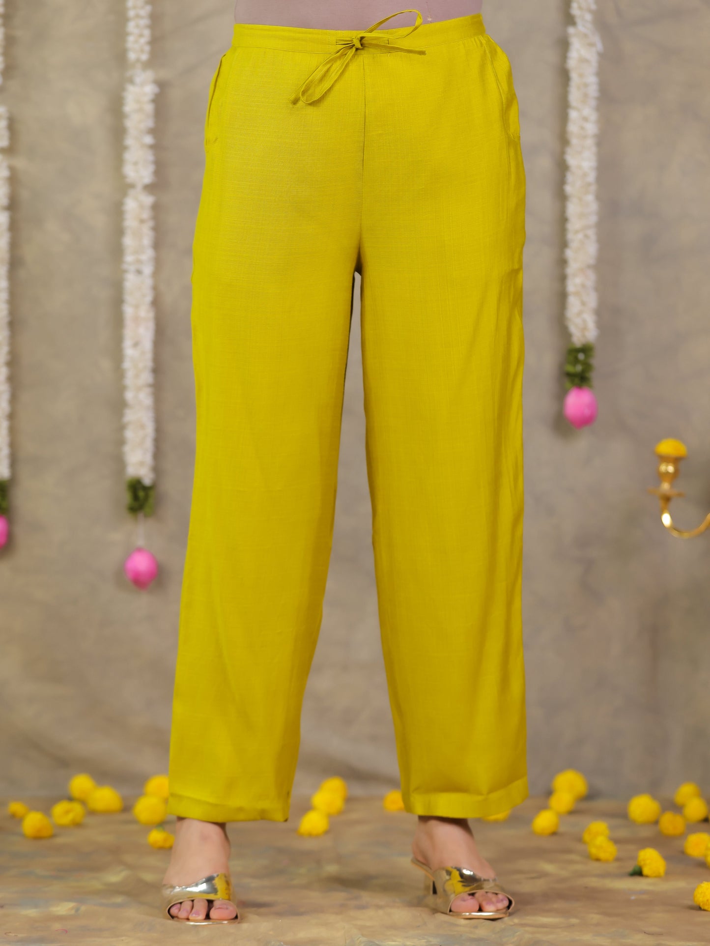 Vertigan Solid Lemon Yellow Straight Trousers