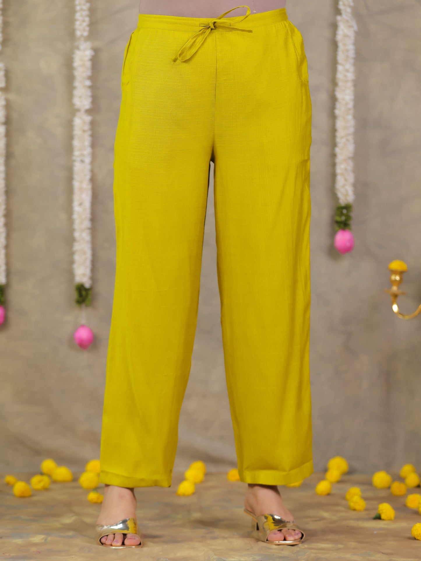 Blended Silk Solid Lemon Yellow Straight Trousers
