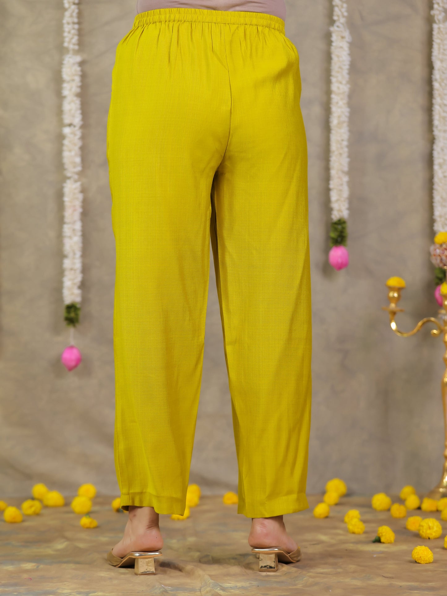Blended Silk Solid Lemon Yellow Straight Trousers
