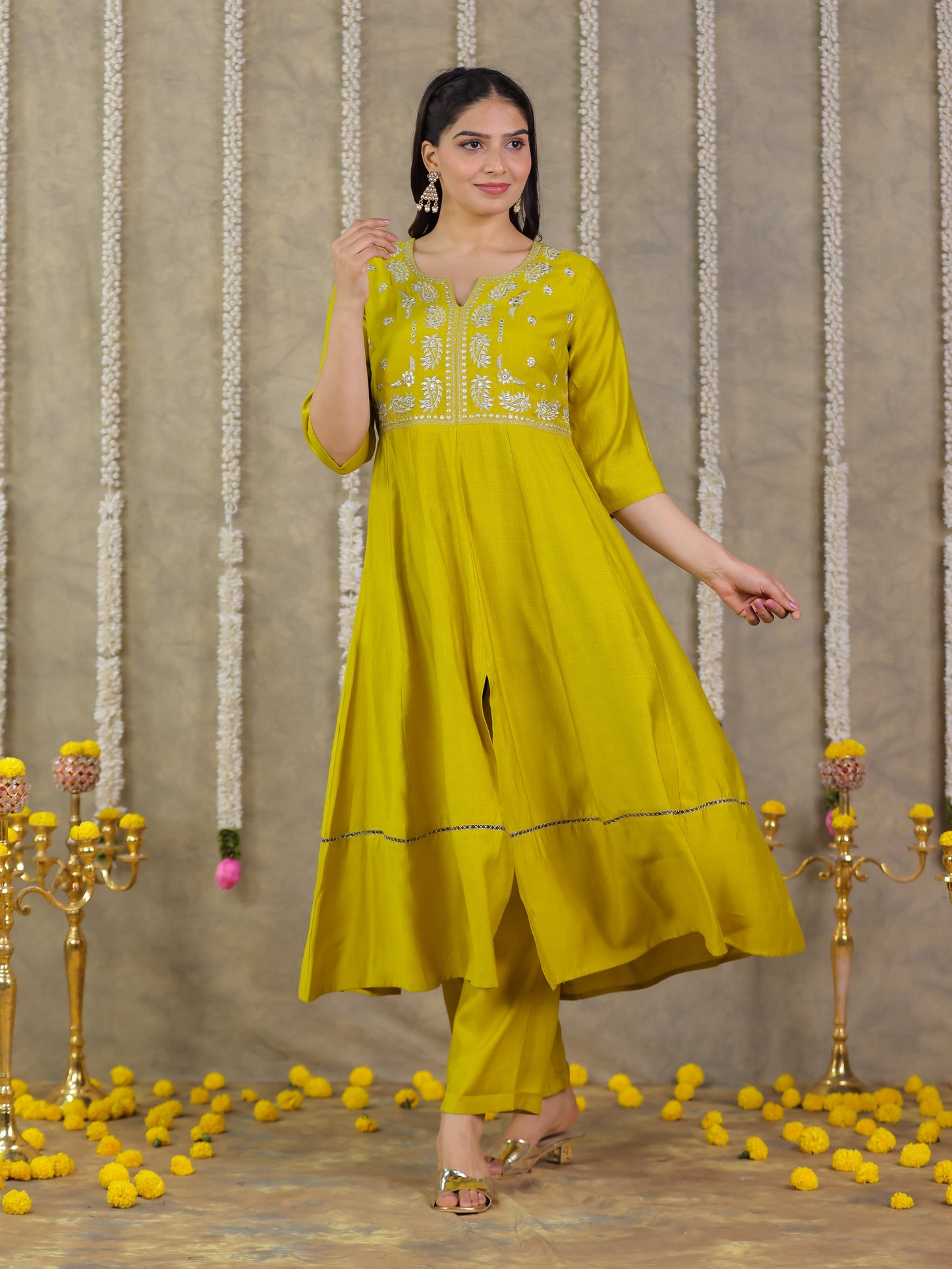 Embroidered Vertigan Solid Anarkali Lemon Yellow Kurta