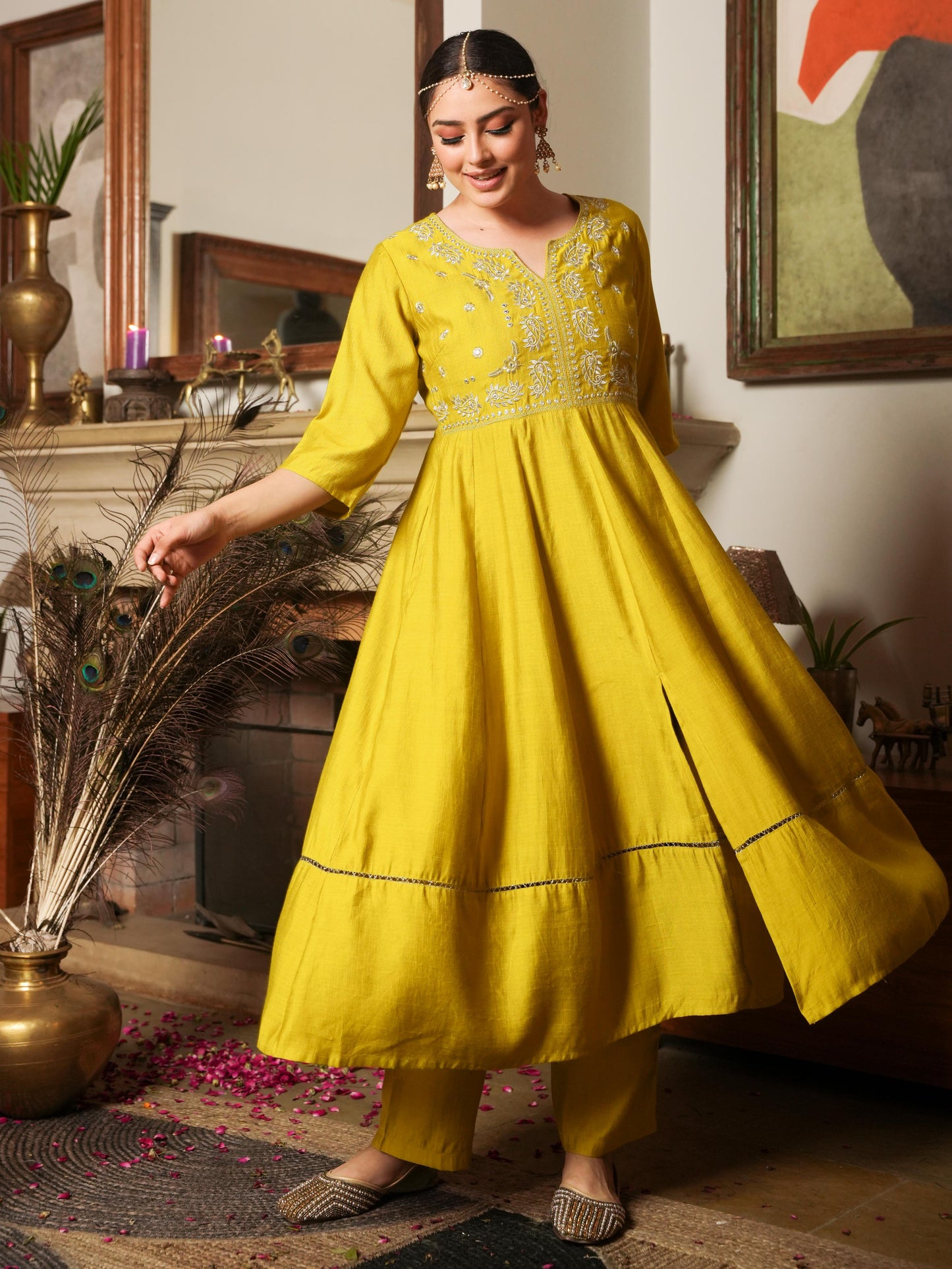 Embroidered Blended Silk Solid Anarkali Lemon Yellow Kurta