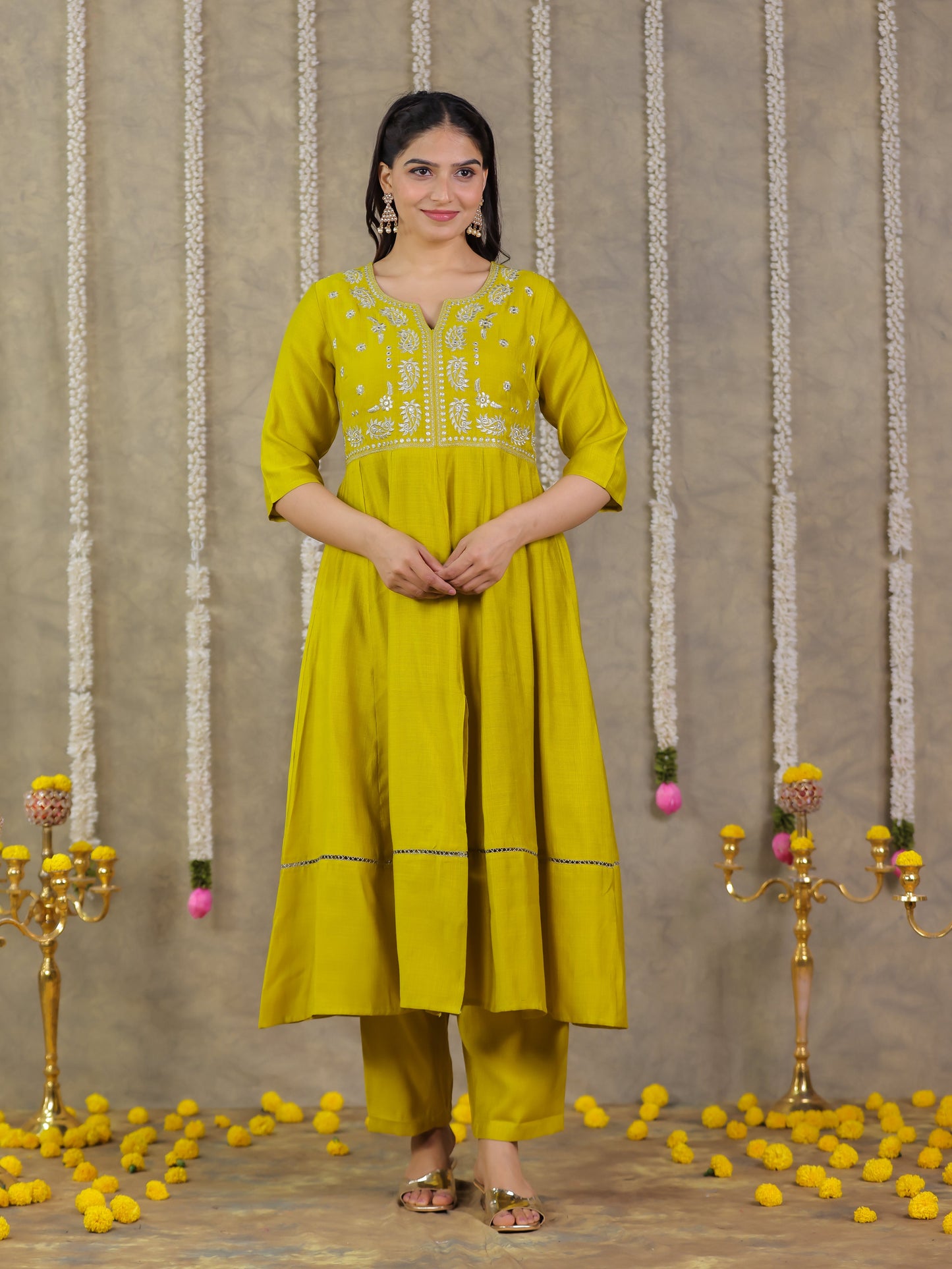 Embroidered Vertigan Solid Anarkali Lemon Yellow Kurta