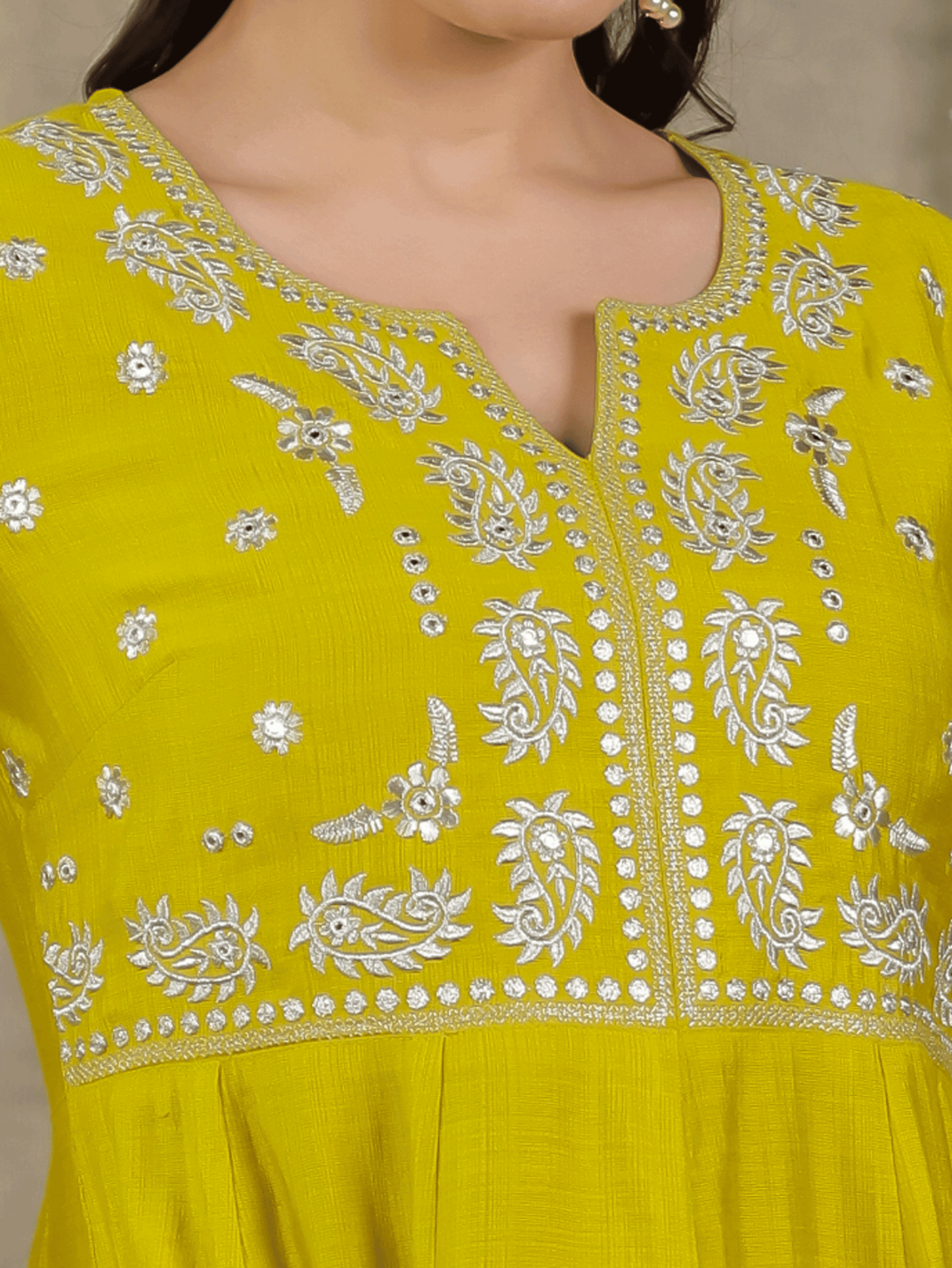 Embroidered Vertigan Solid Anarkali Lemon Yellow Kurta