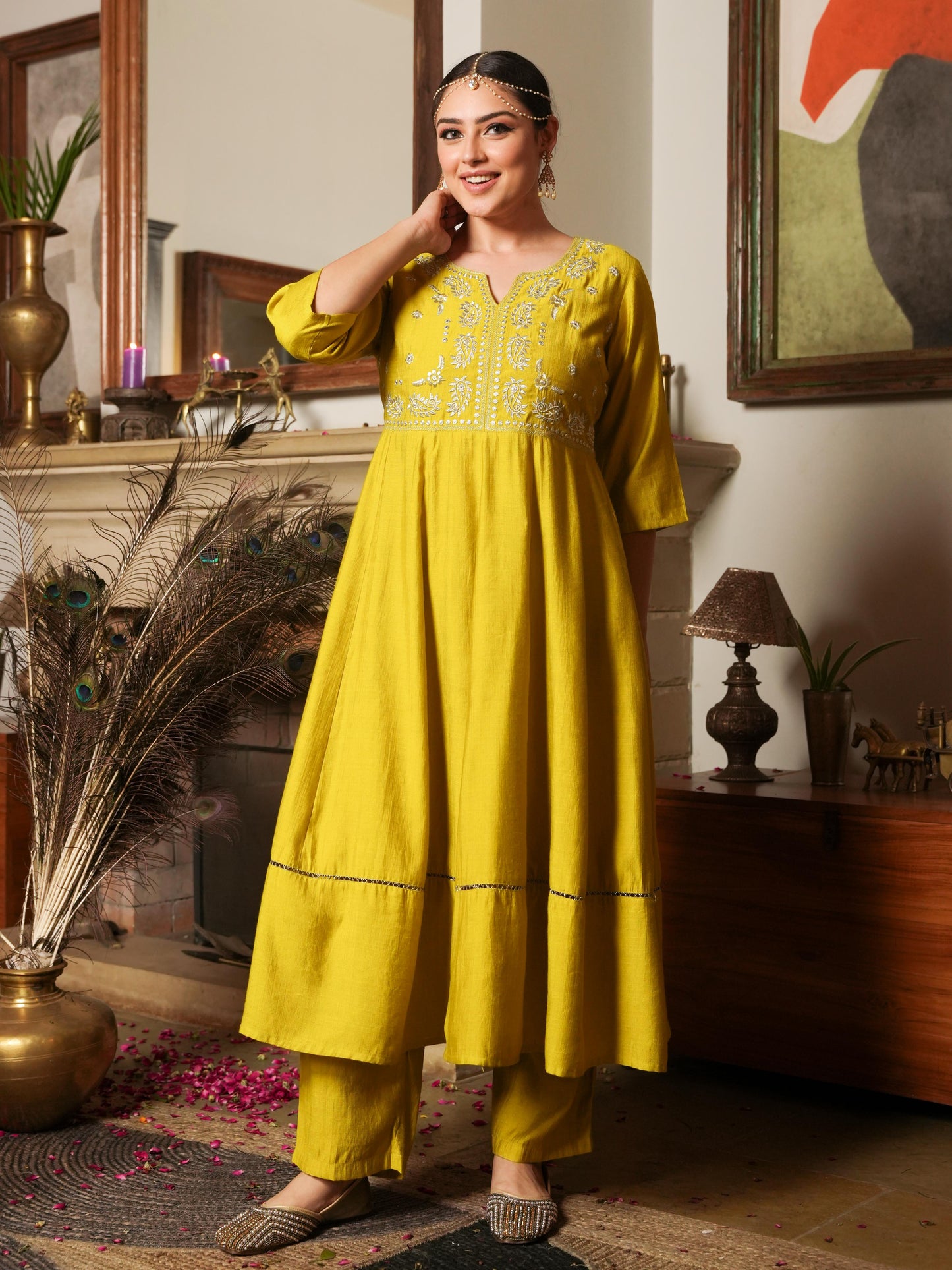 Embroidered Blended Silk Solid Anarkali Lemon Yellow Kurta