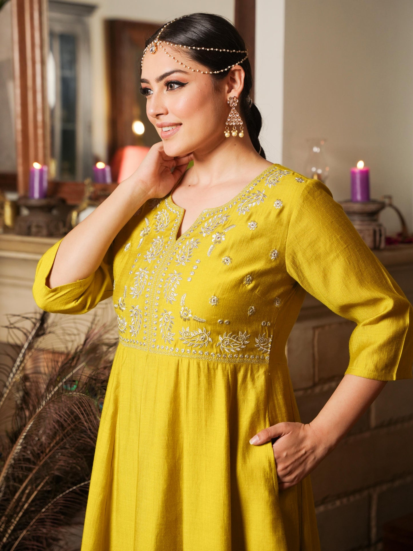 Embroidered Blended Silk Solid Anarkali Lemon Yellow Kurta