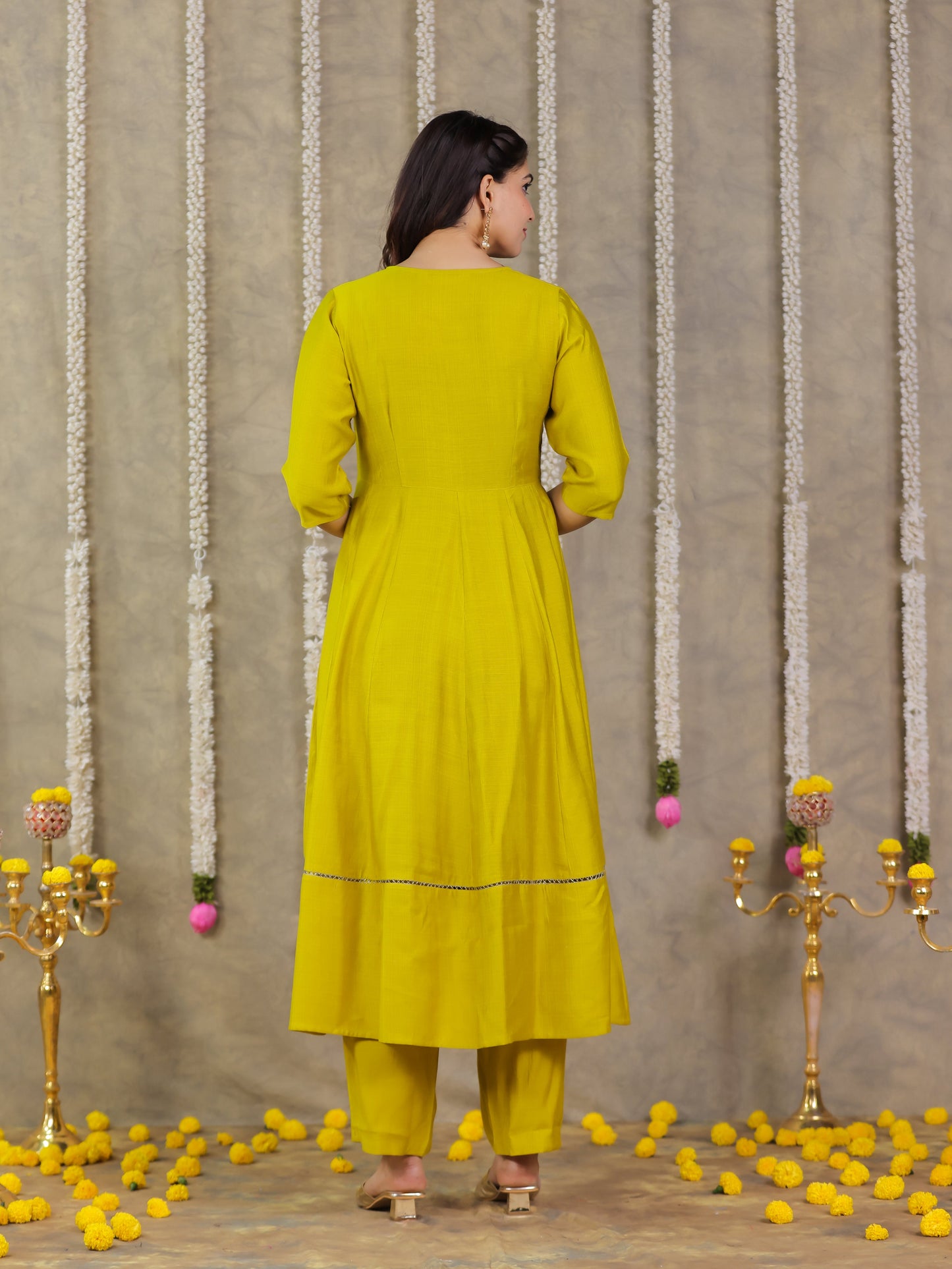 Embroidered Vertigan Solid Anarkali Lemon Yellow Kurta