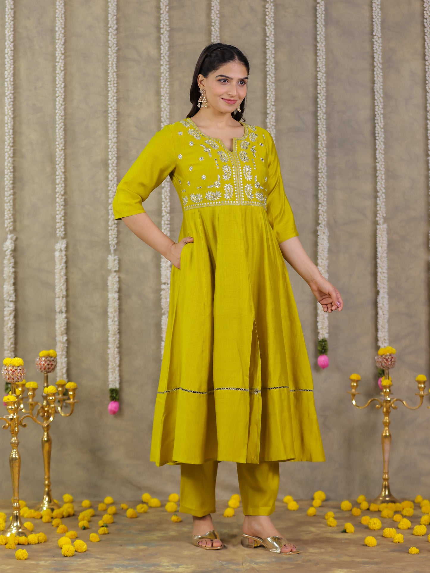 Embroidered Vertigan Solid Anarkali Lemon Yellow Kurta