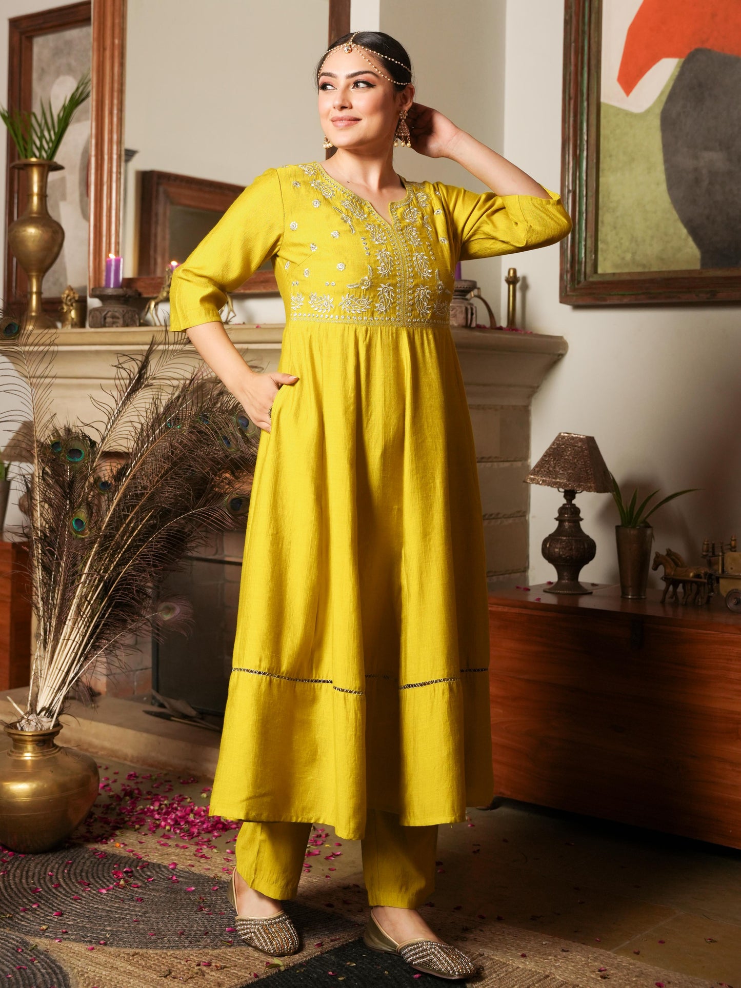 Embroidered Blended Silk Solid Anarkali Lemon Yellow Kurta