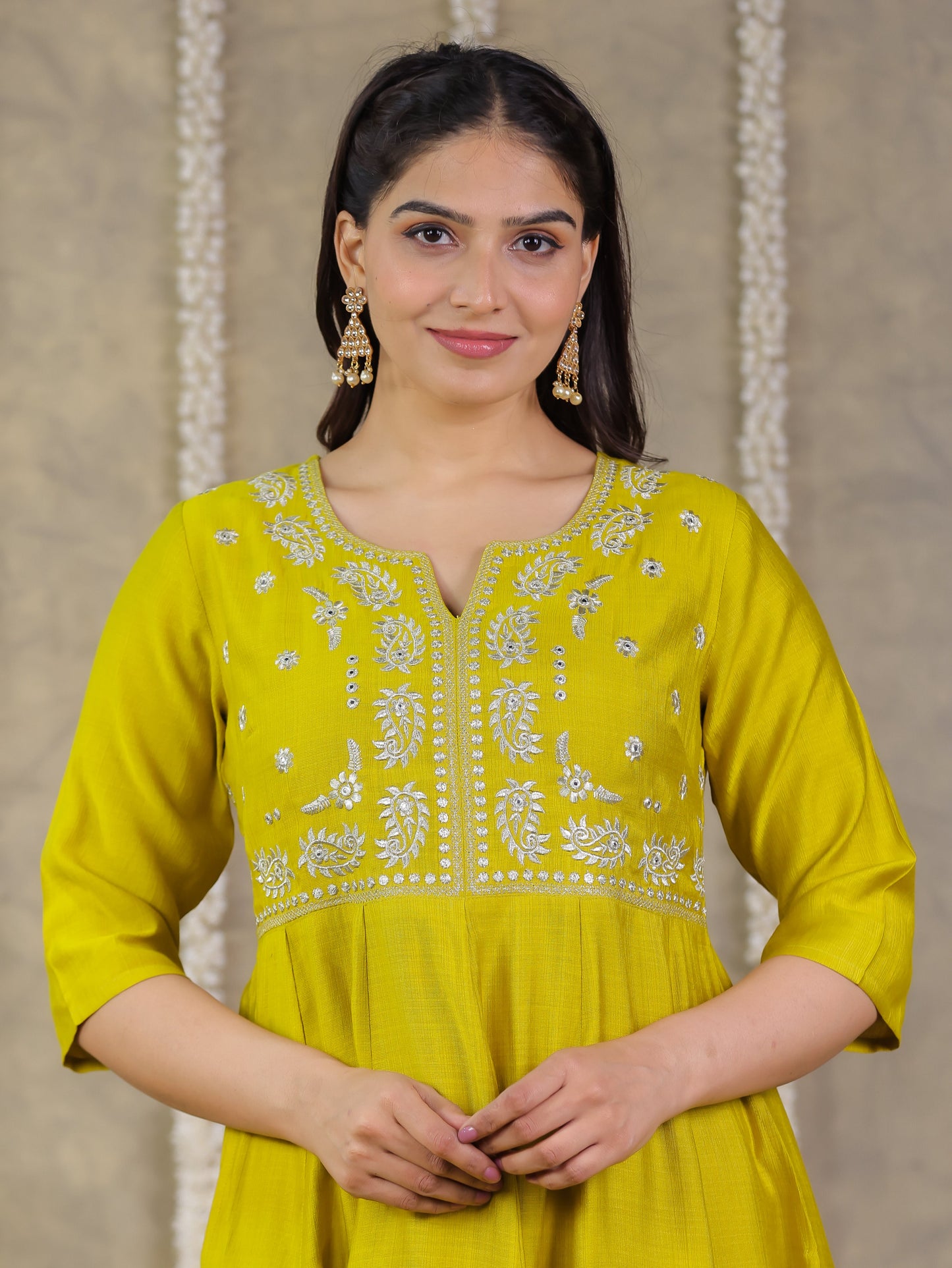 Embroidered Vertigan Solid Anarkali Lemon Yellow Kurta