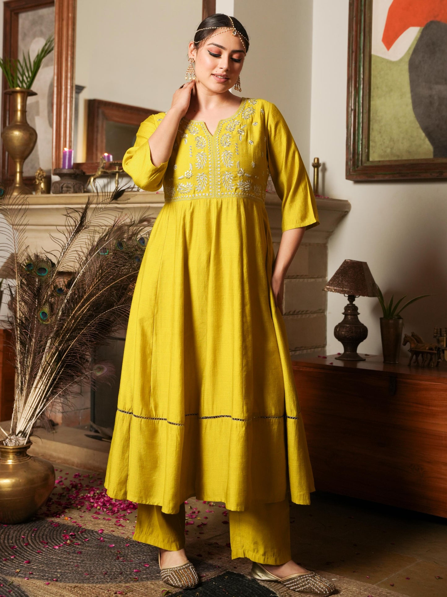 Embroidered Blended Silk Solid Anarkali Lemon Yellow Kurta