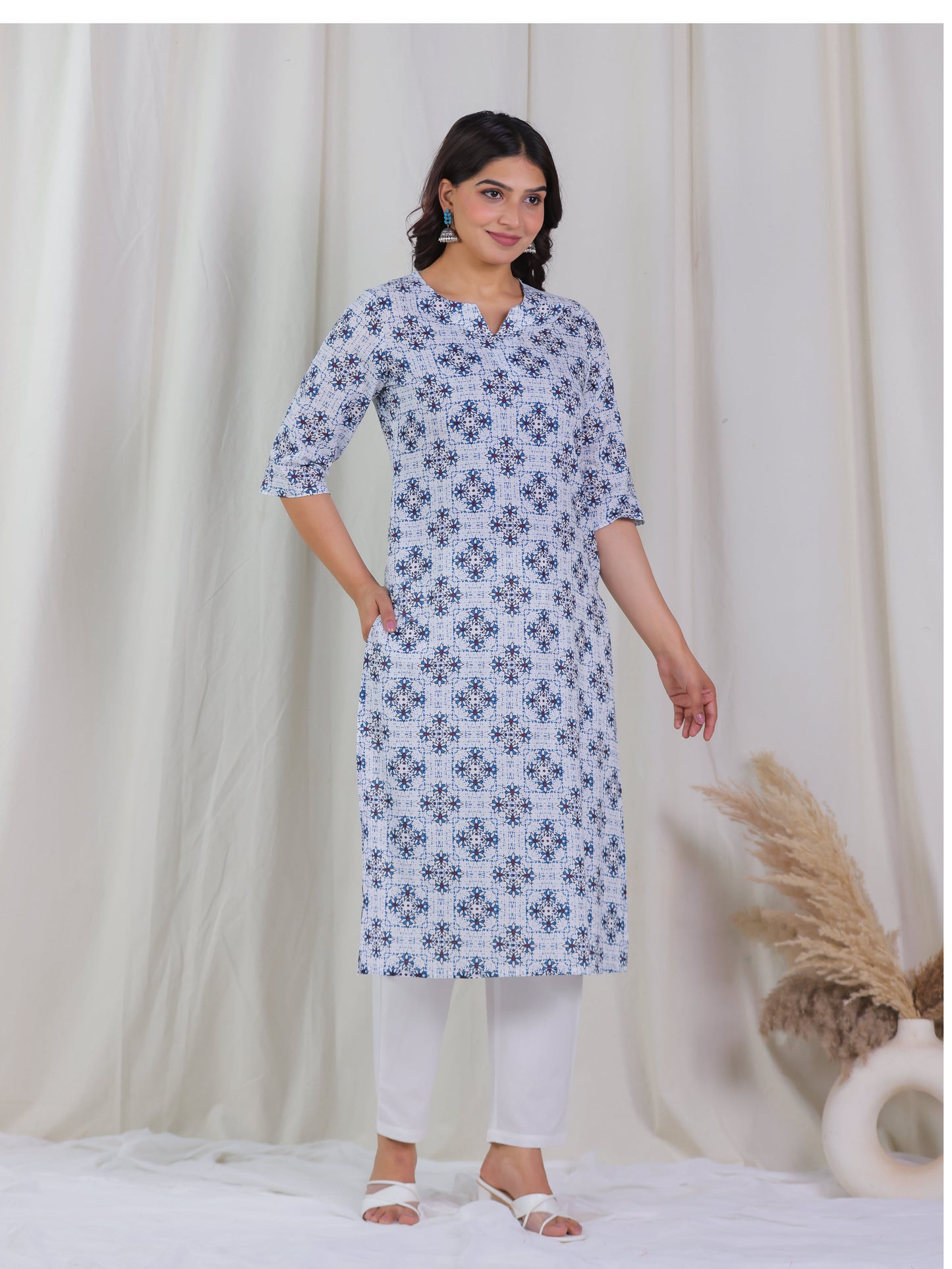 Soft Cotton Geometric Straight White Kurta