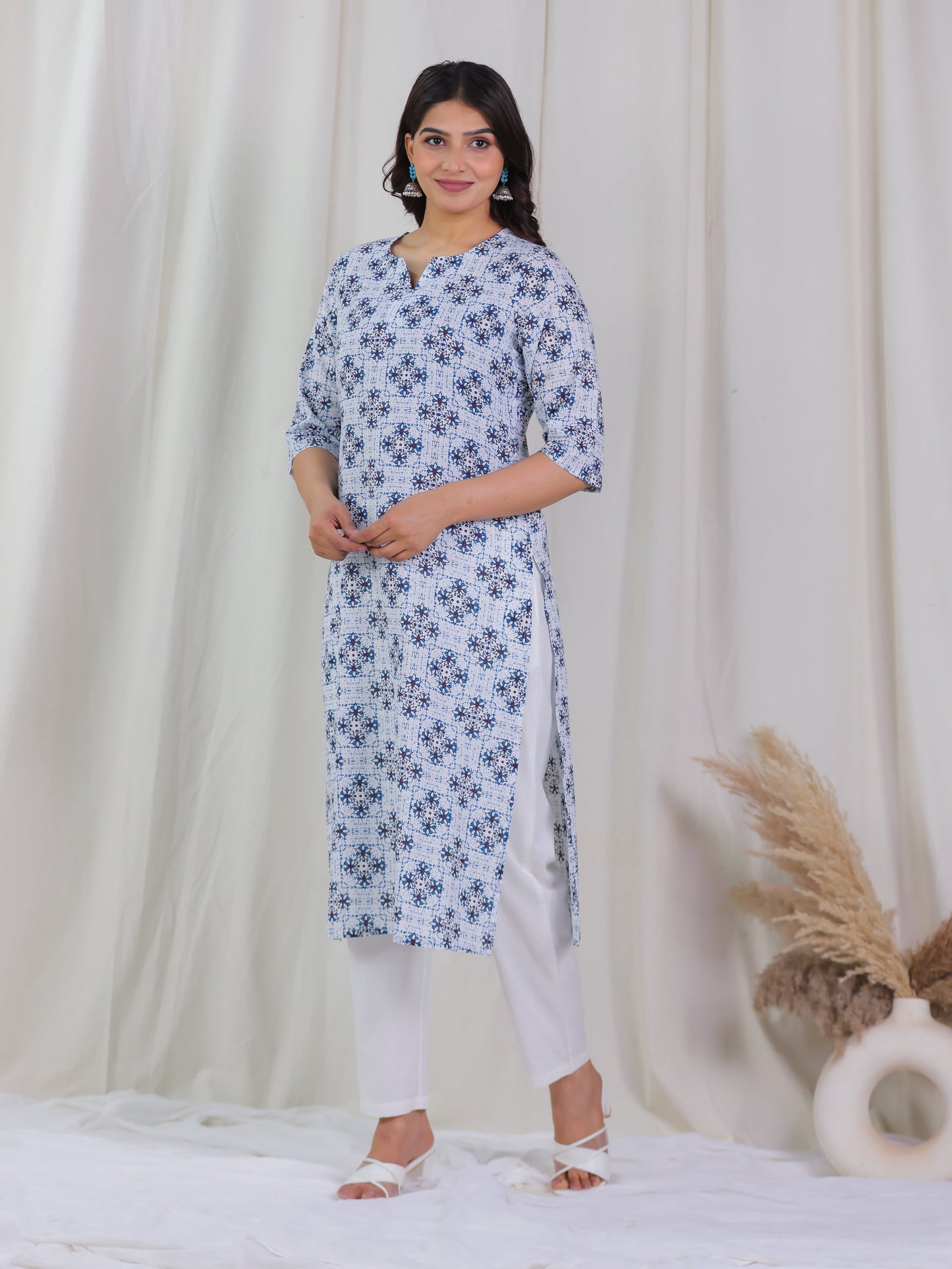 Soft Cotton Geometric Straight White Kurta