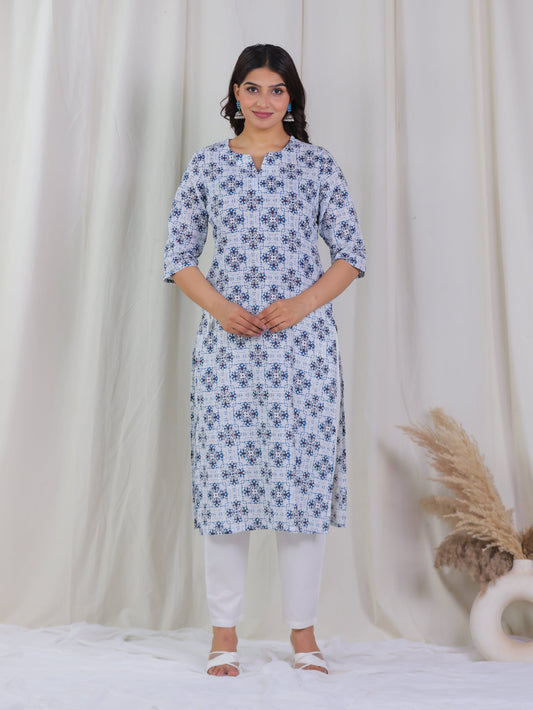 Soft Cotton Geometric Straight White Kurta