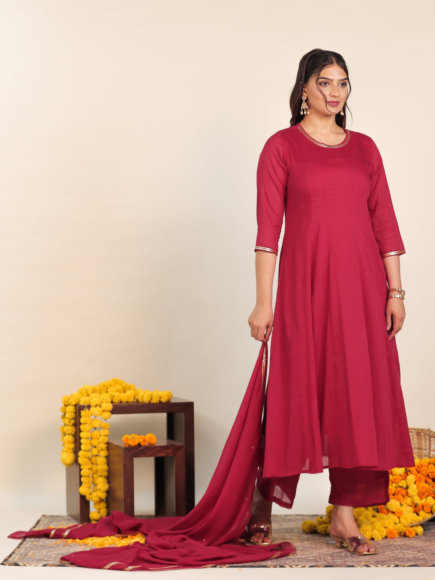 Embroidered Cotton Voile Solid Maroon Dupatta