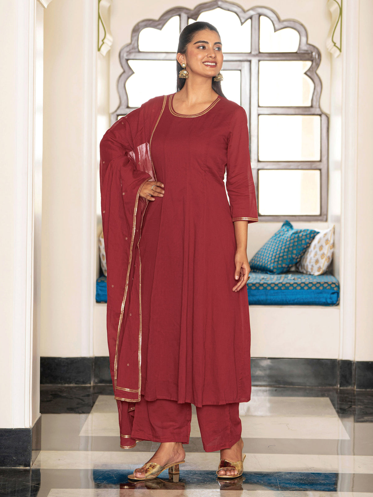 Embroidered Cotton Voile Solid Anarkali Maroon Kurta