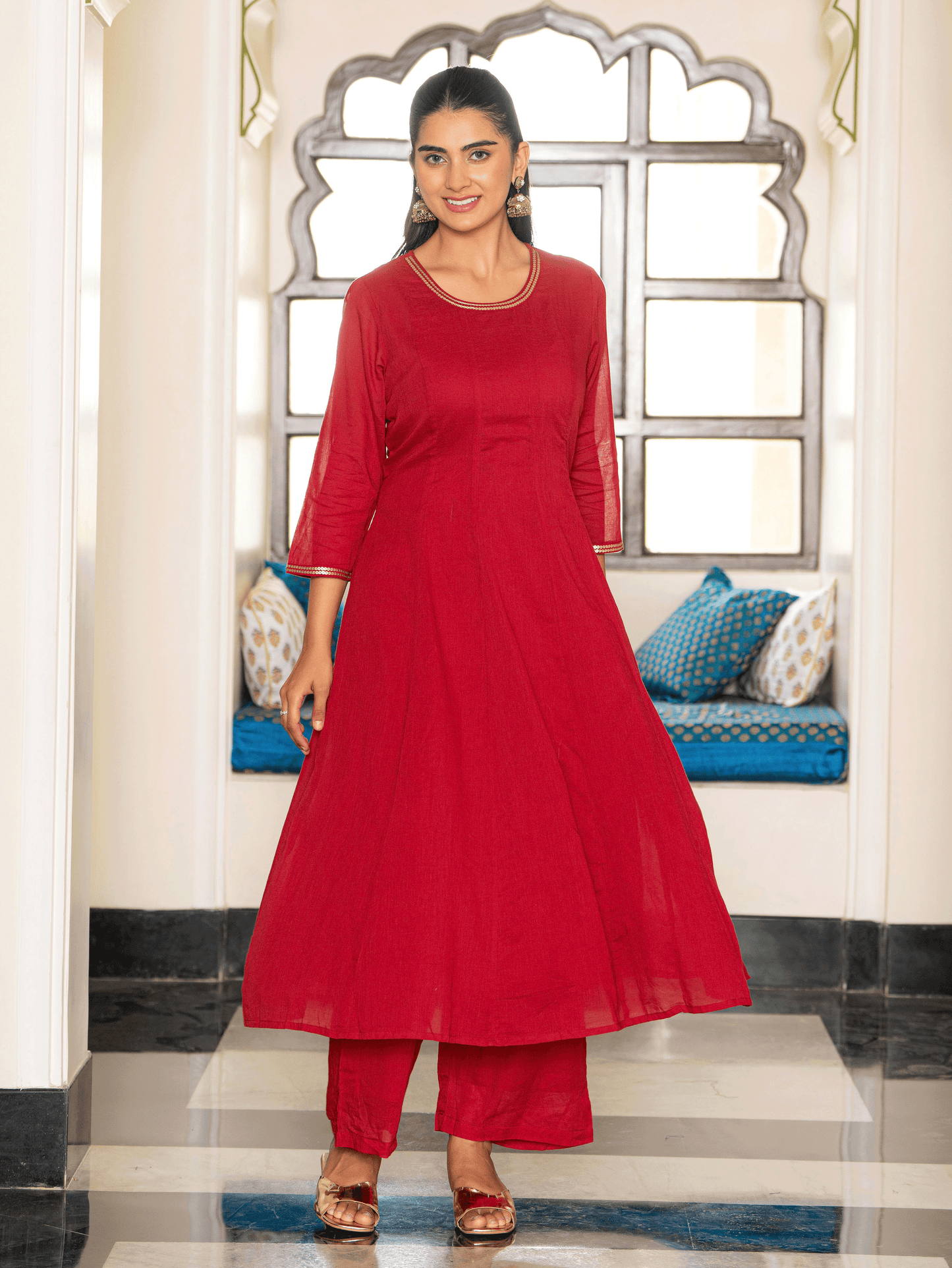 Embroidered Cotton Voile Solid Anarkali Maroon Kurta