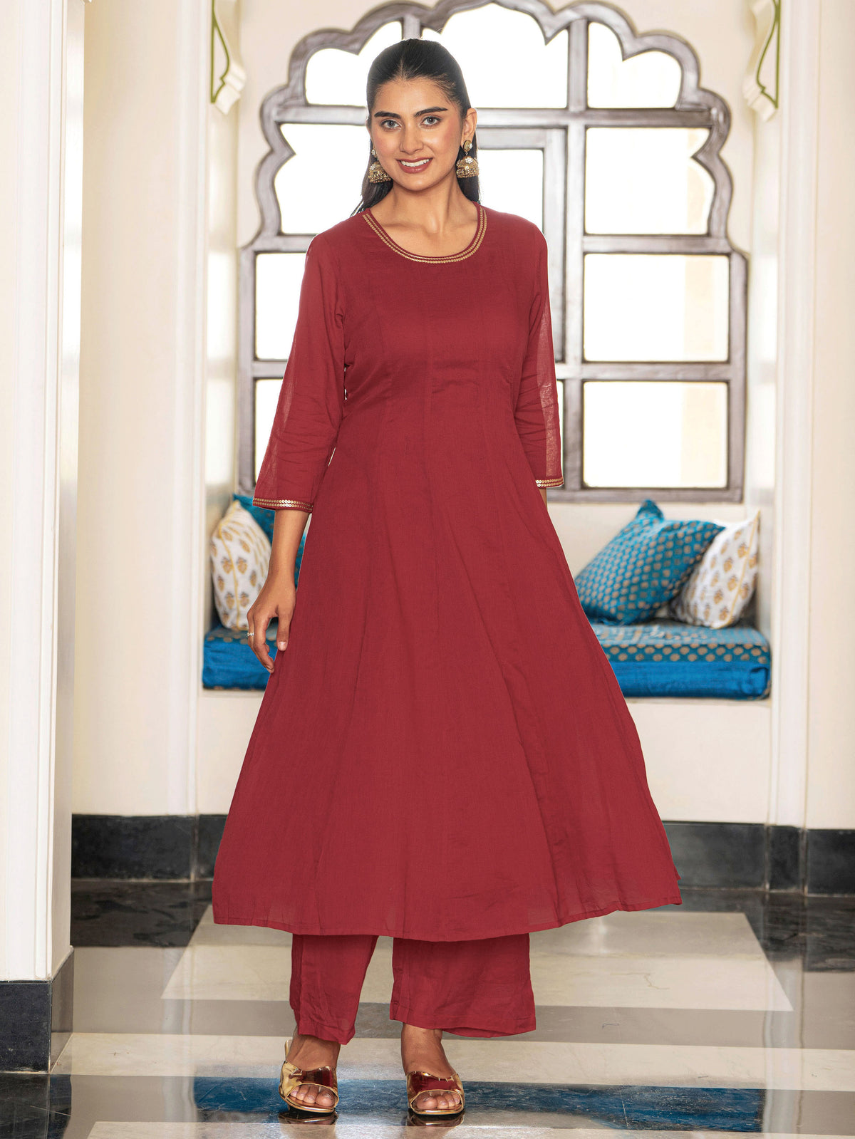 Embroidered Cotton Voile Solid Anarkali Maroon Kurta
