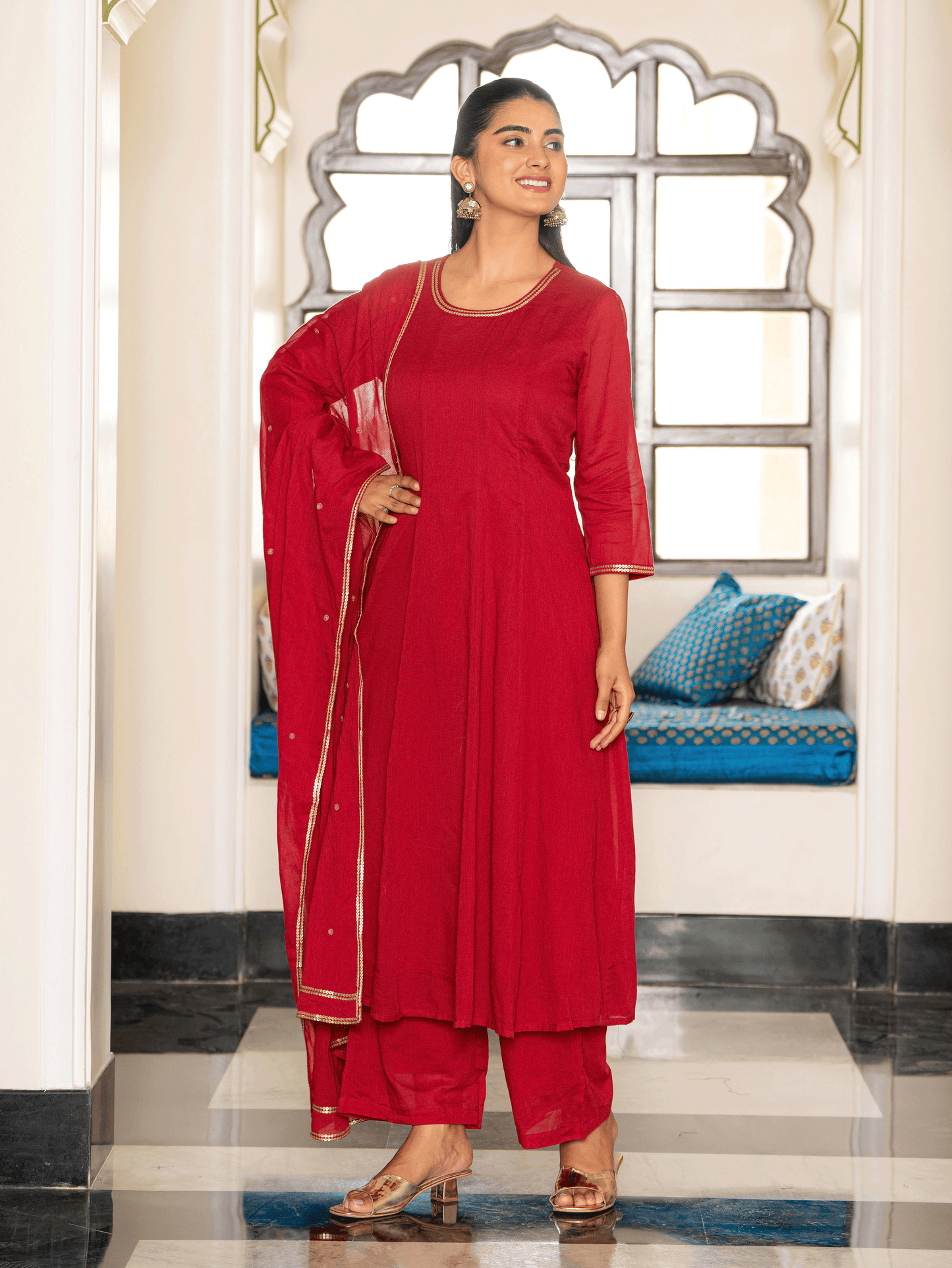 Embroidered Cotton Voile Solid Anarkali Maroon Kurta