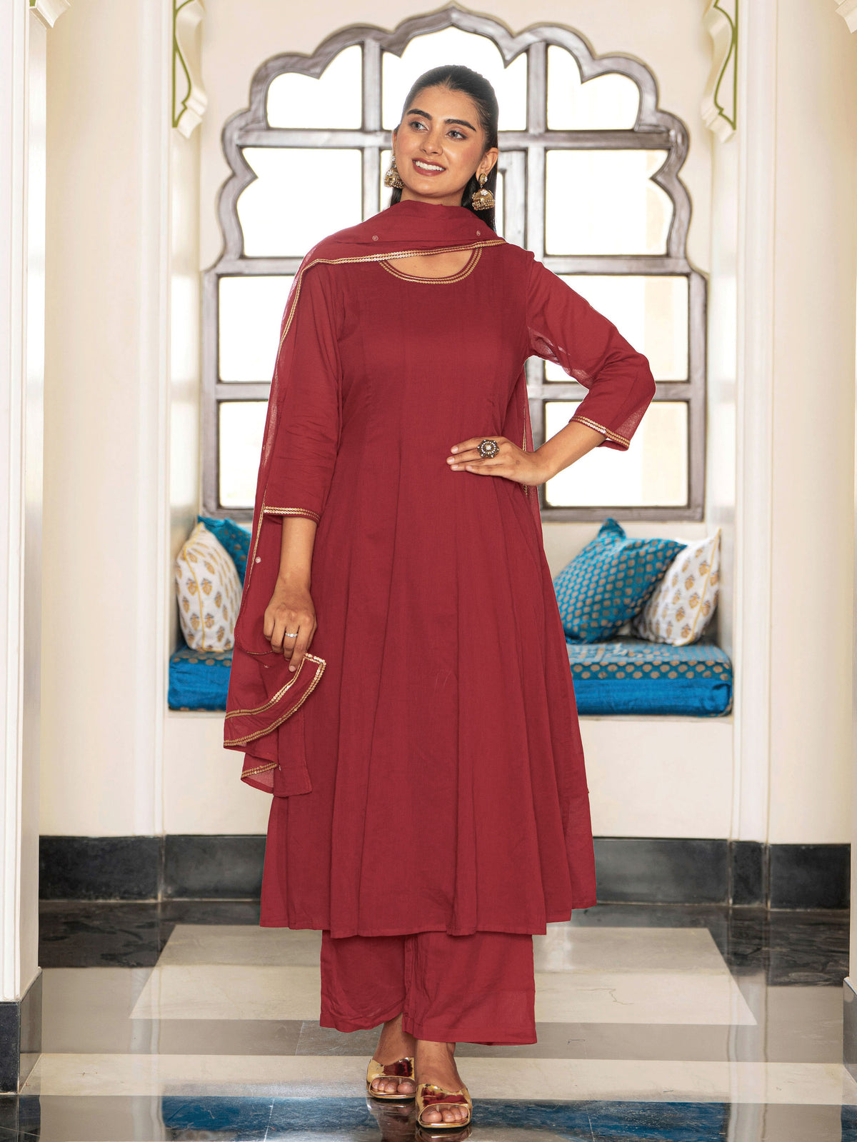 Embroidered Cotton Voile Solid Anarkali Maroon Kurta