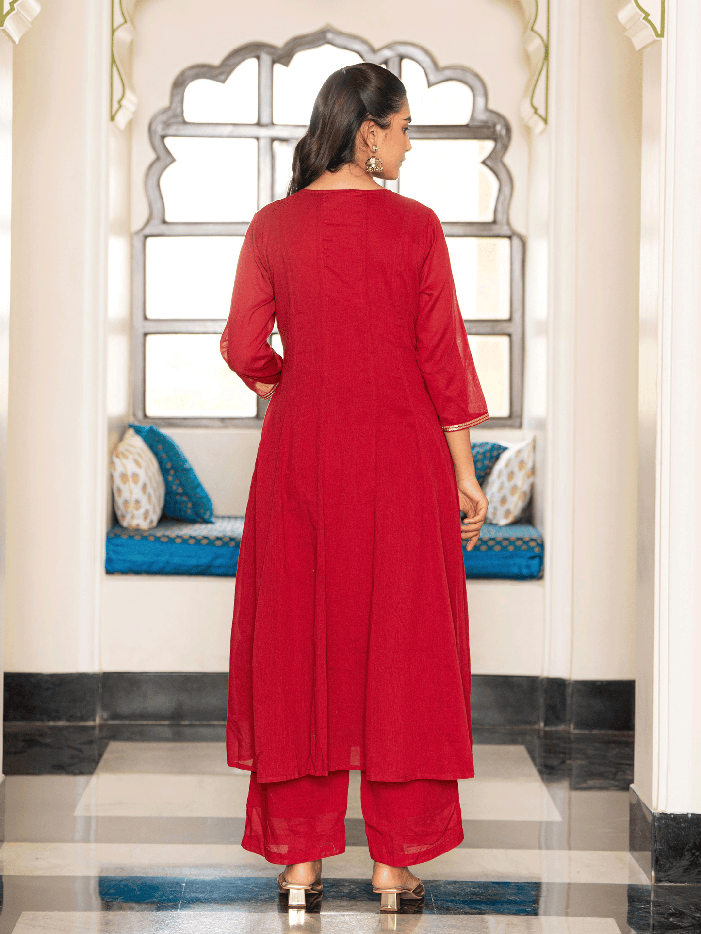 Embroidered Cotton Voile Solid Anarkali Maroon Kurta