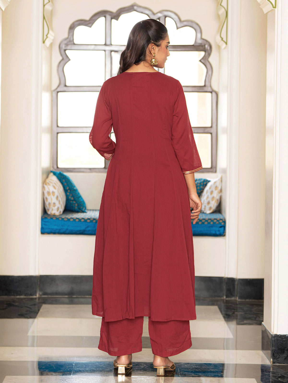 Embroidered Cotton Voile Solid Anarkali Maroon Kurta