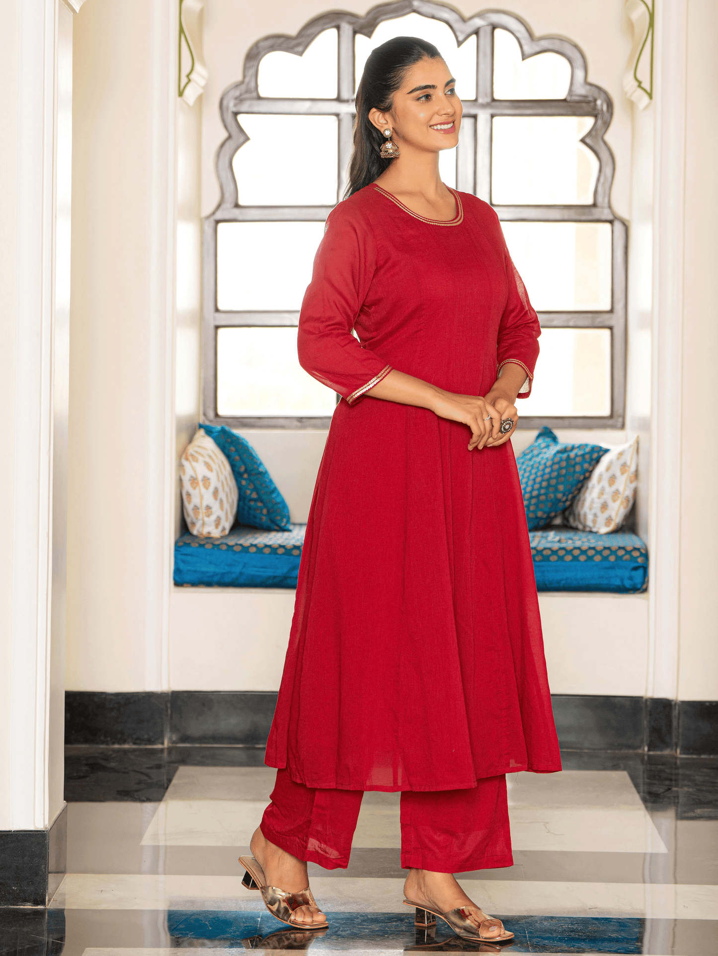 Embroidered Cotton Voile Solid Anarkali Maroon Kurta