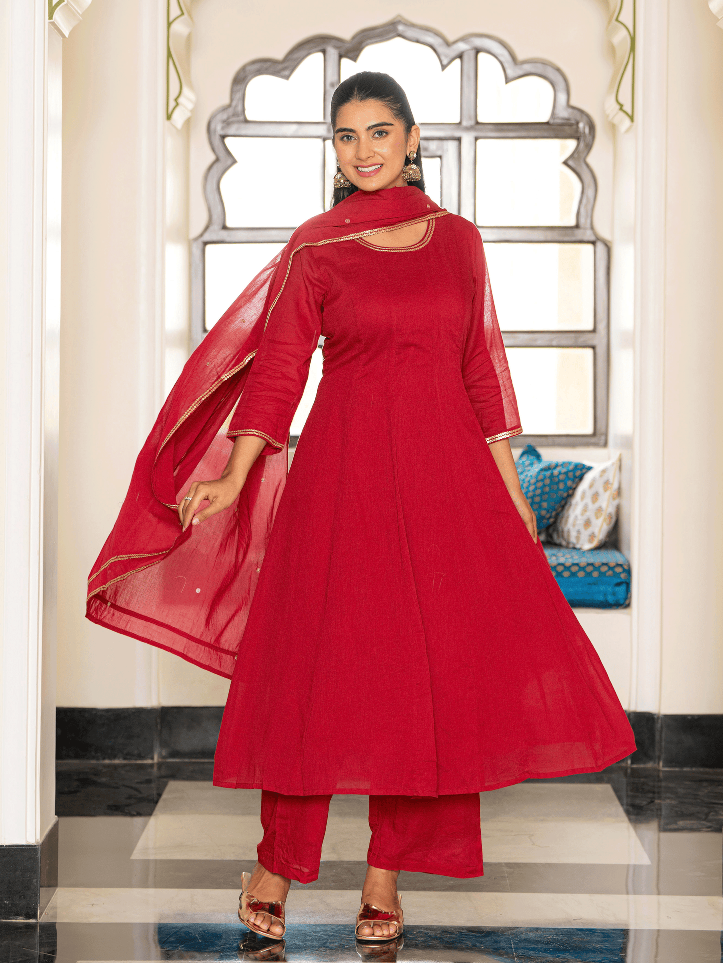Embroidered Cotton Voile Solid Anarkali Maroon Kurta