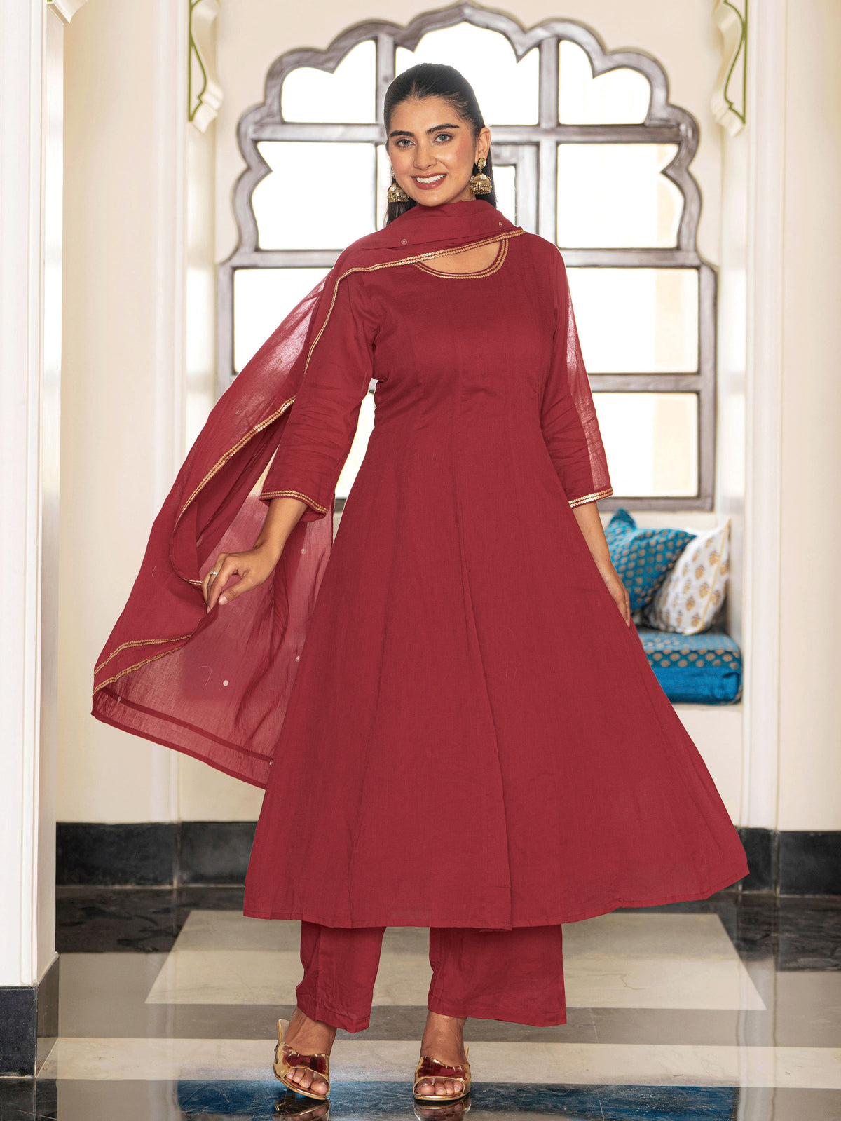 Embroidered Cotton Voile Solid Anarkali Maroon Kurta