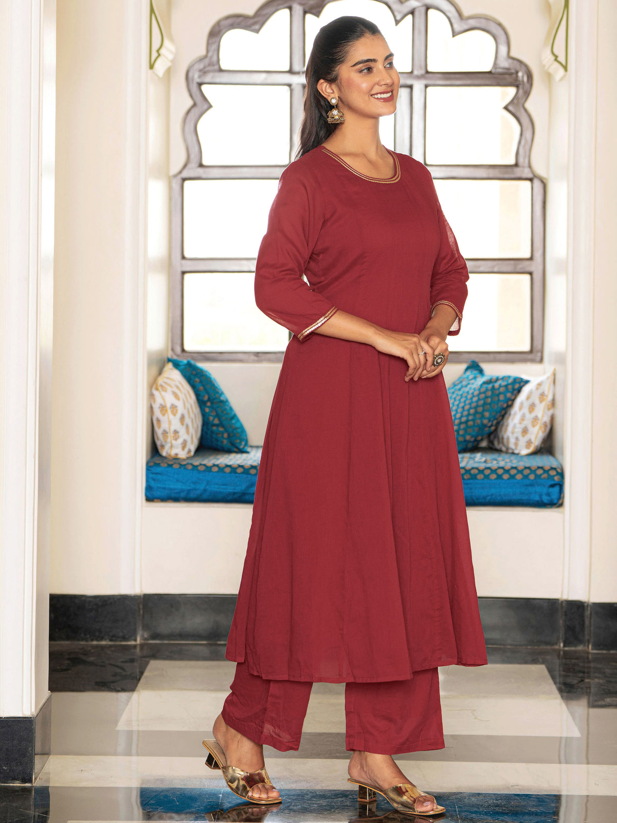 Embroidered Cotton Voile Solid Anarkali Maroon Kurta