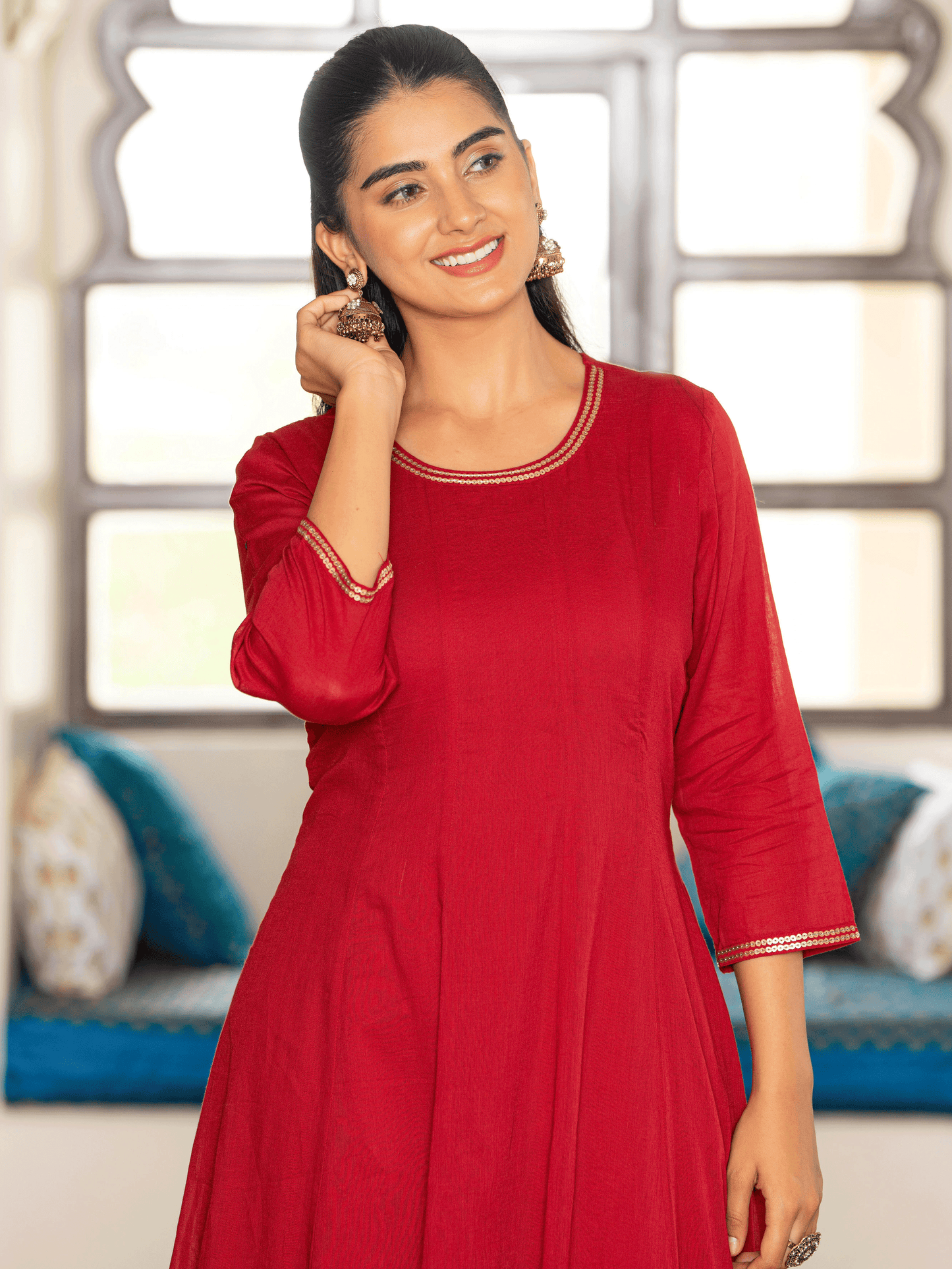 Embroidered Cotton Voile Solid Anarkali Maroon Kurta