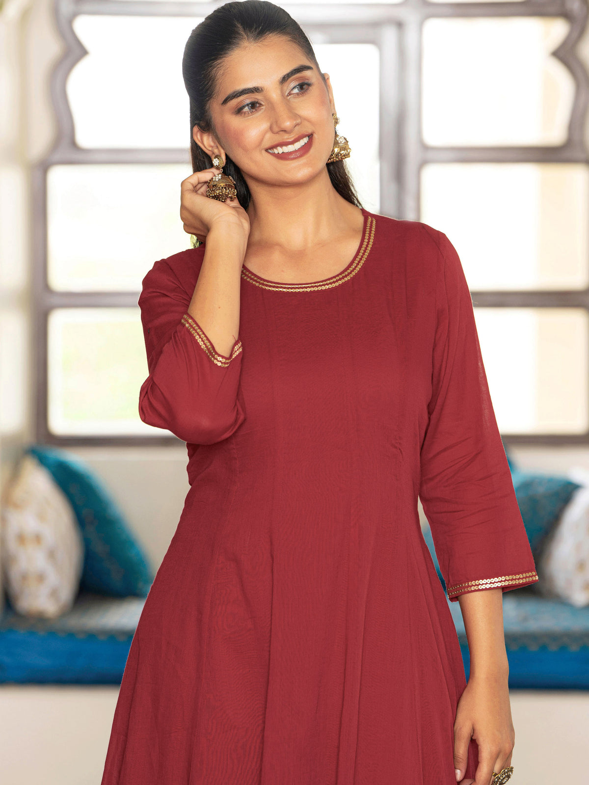 Embroidered Cotton Voile Solid Anarkali Maroon Kurta