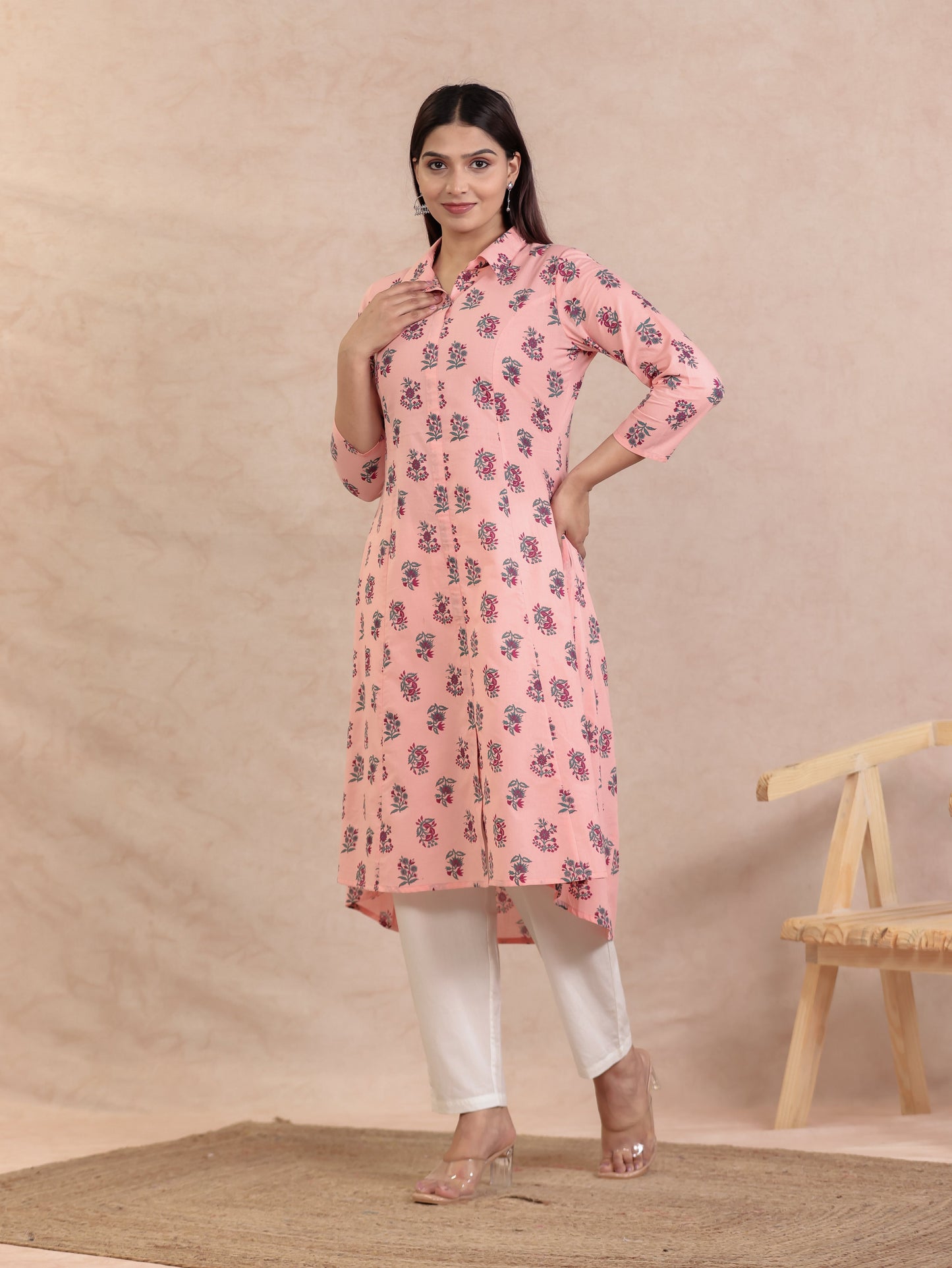 Soft Cotton Floral High Low Peach Kurta