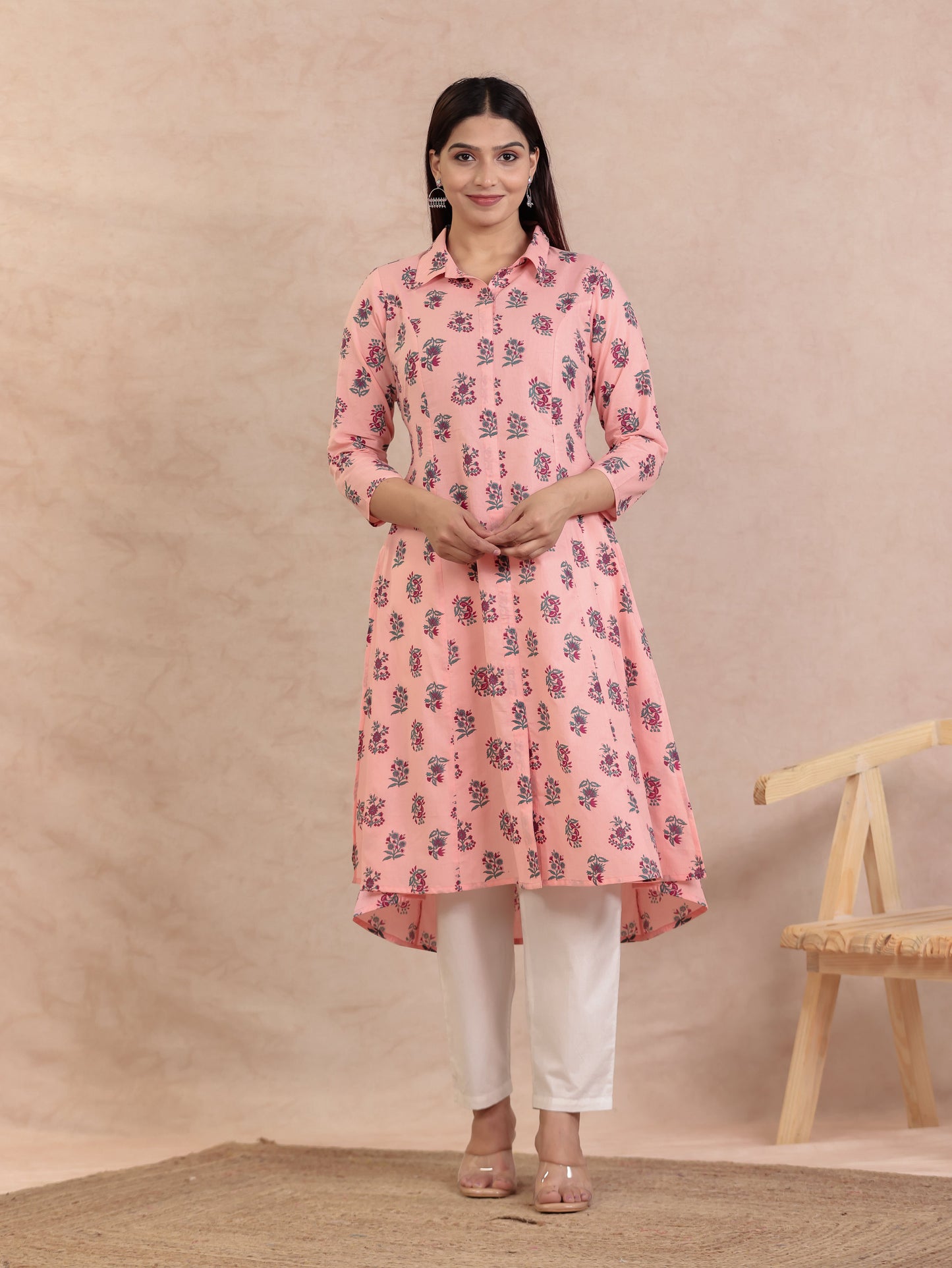 Soft Cotton Floral High Low Peach Kurta