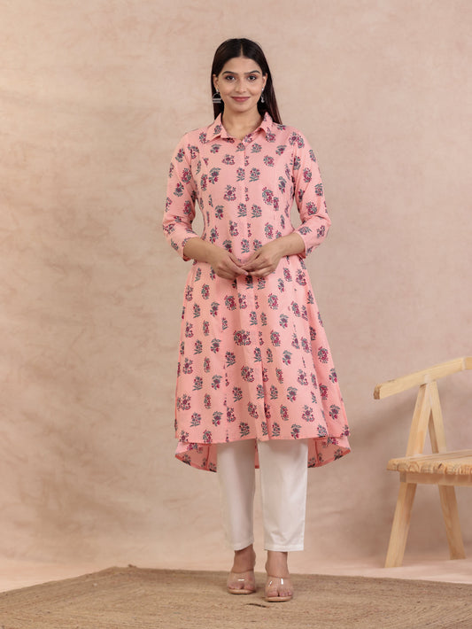 Soft Cotton Floral High Low Peach Kurta