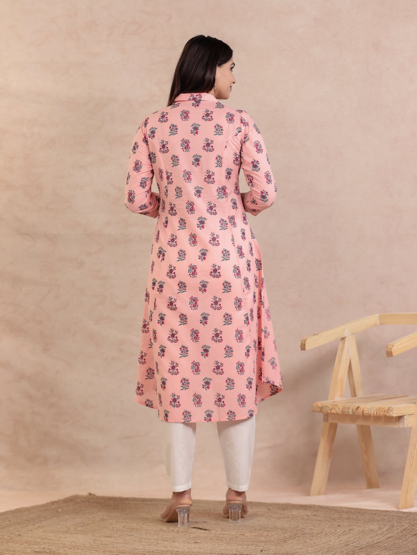 Soft Cotton Floral High Low Peach Kurta