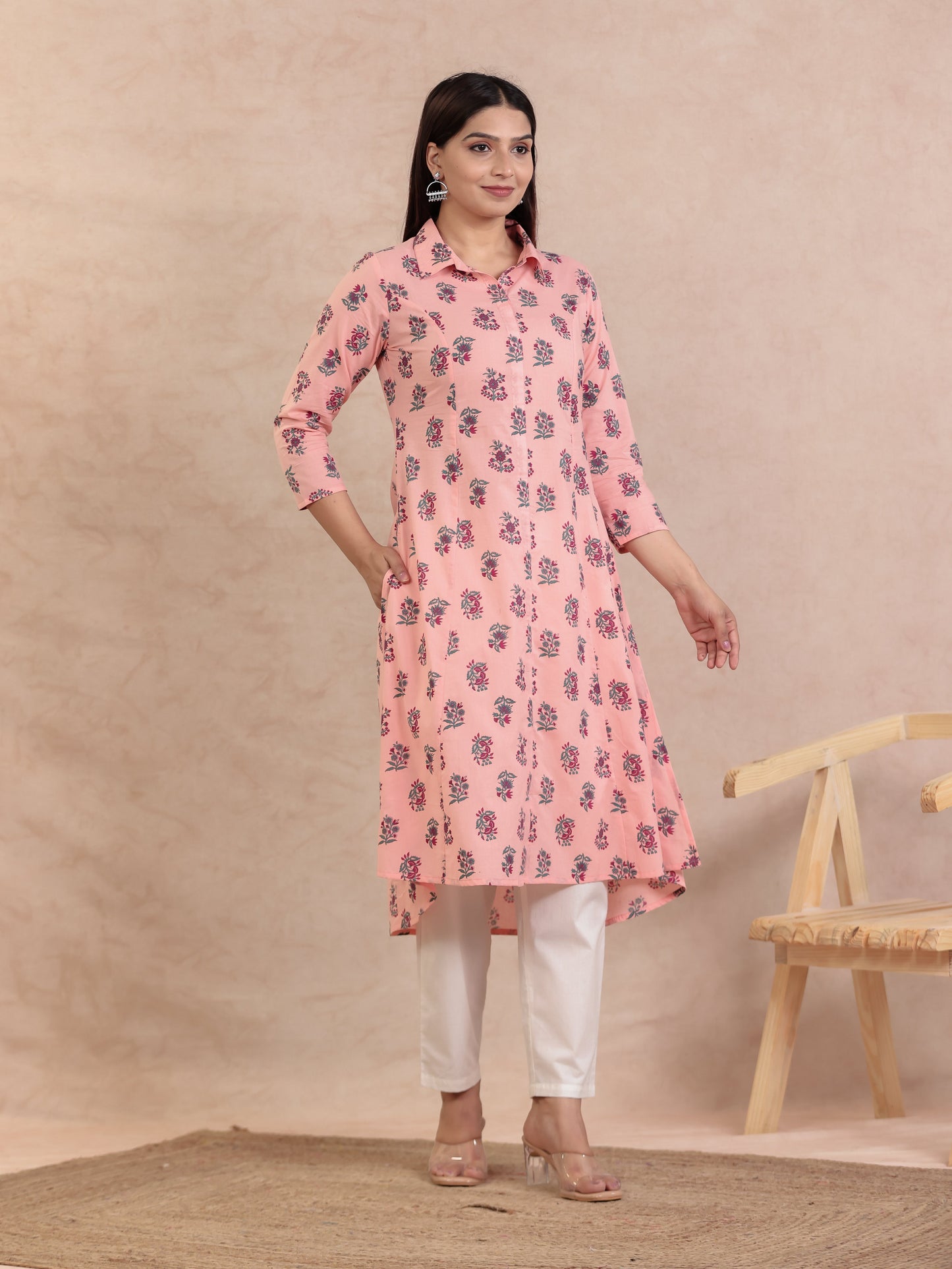 Soft Cotton Floral High Low Peach Kurta