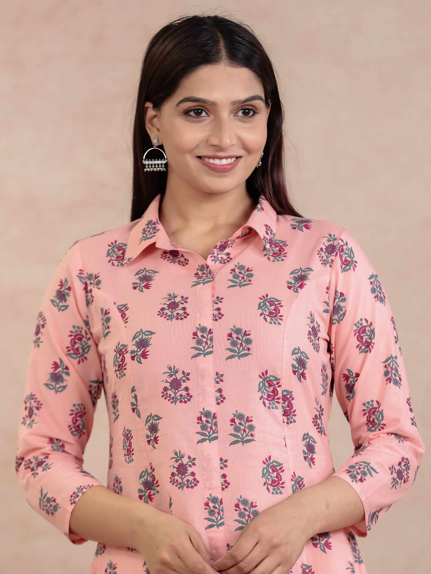 Soft Cotton Floral High Low Peach Kurta