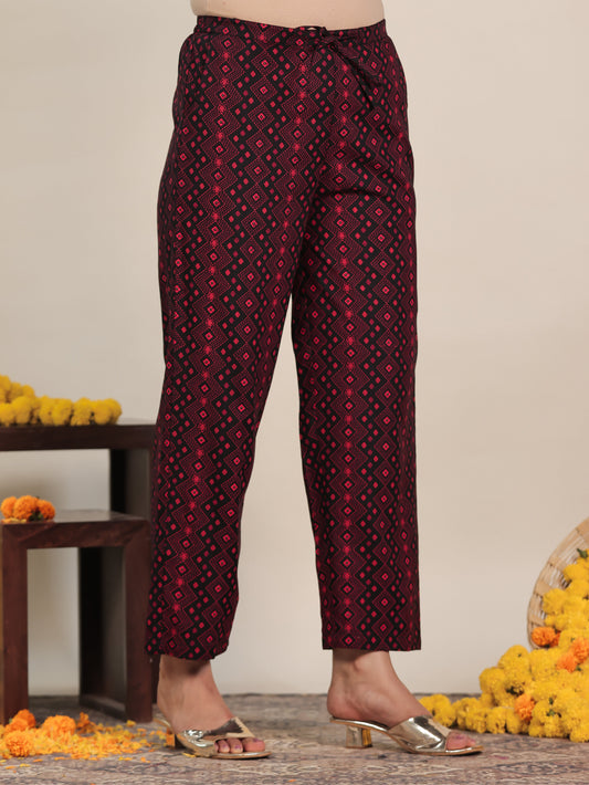 Viscose Geometric Black Straight Trousers