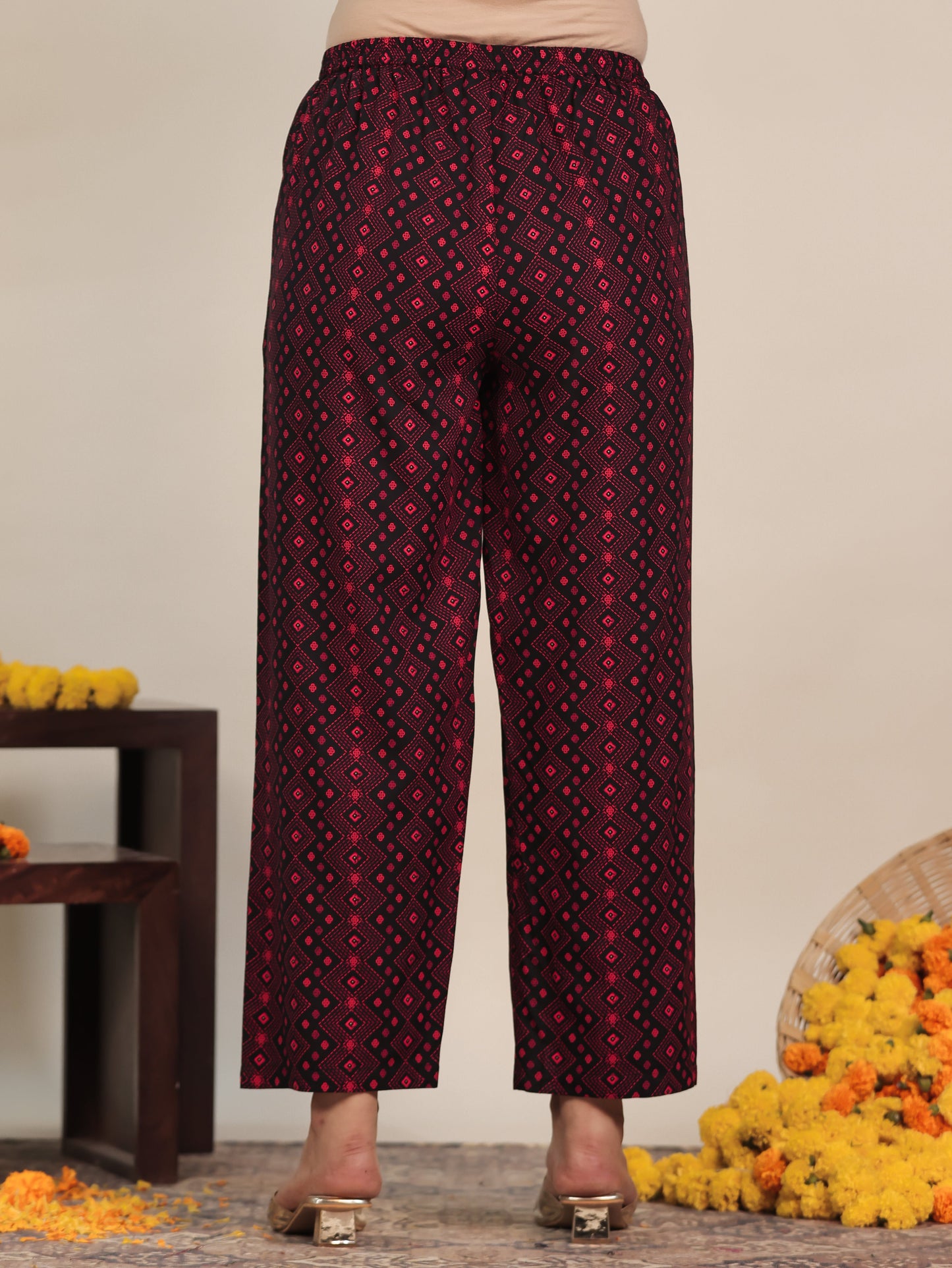 Viscose Geometric Black Straight Trousers